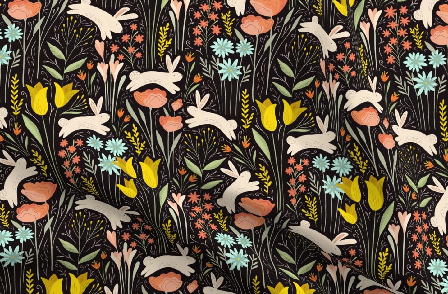 Spoonflower Fabric - Spring Bunnies Floral Bunny Illustration Springtime Flora Fauna Printed on Organic Cotton Sateen Fabric by The Yard - Sewing Quilting Apparel Home Decor