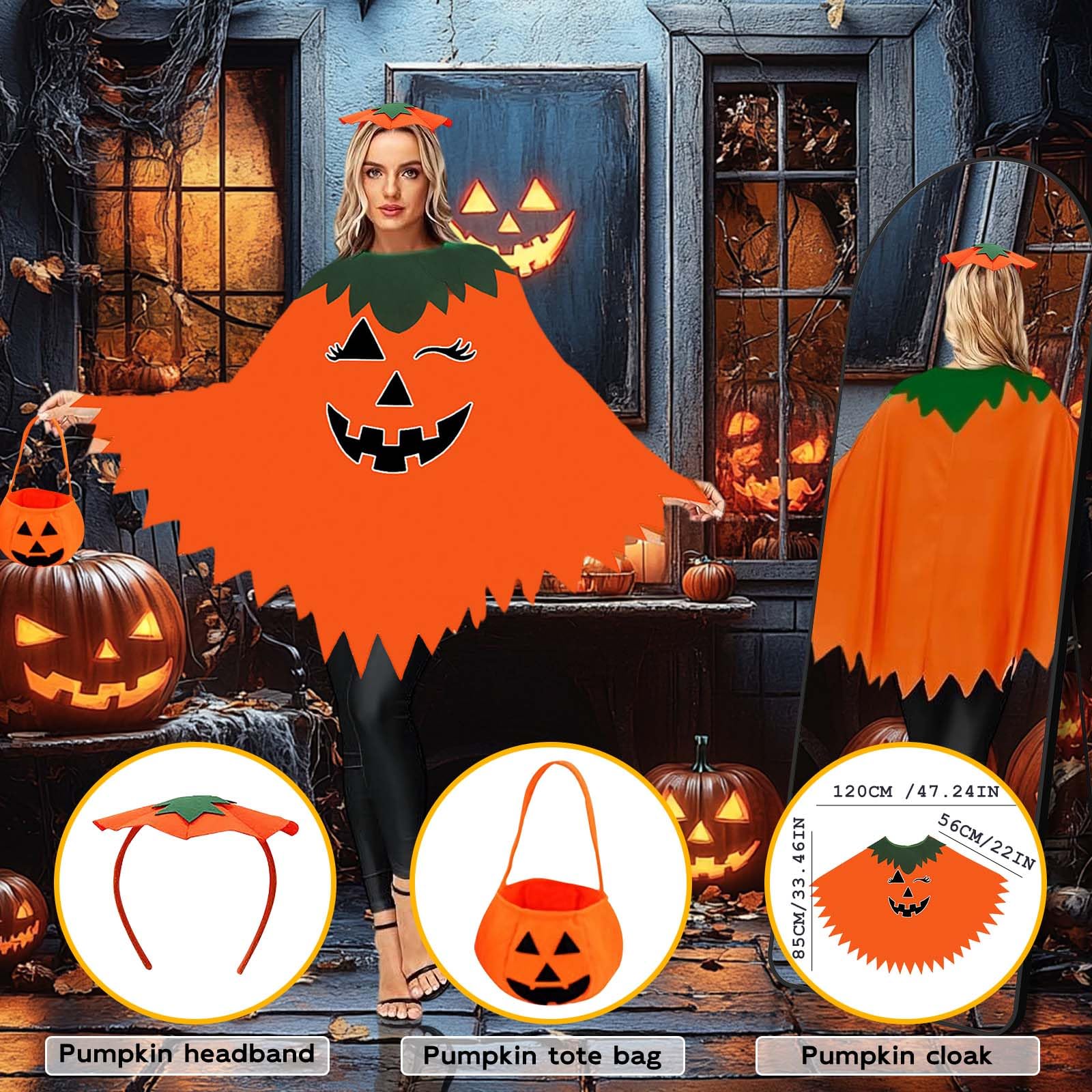 Bagtopia Pumpkin Costume for Adults with Hat Halloween Poncho for Women Men Party Outfit for Halloween Christmas Festival - Image 3