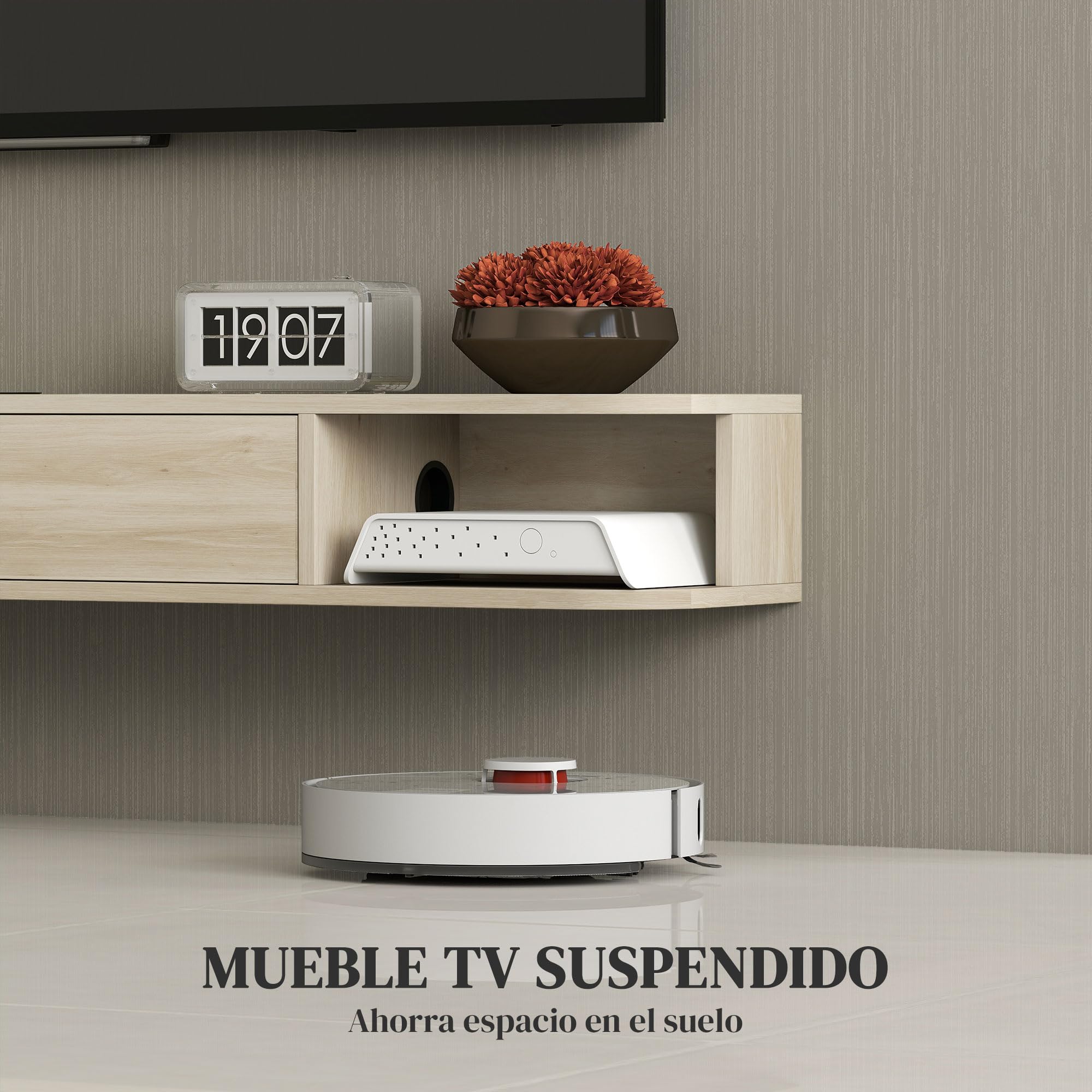HOMCOM Mueble de TV Suspendido, Mueble de TV para Salón con Cajón Abatible, 2 Estantes Abiertos, Gestión de Cables, Estilo Moderno, para Televisión 60 Pulgadas, 140x24x16 cm, Madera Natural
