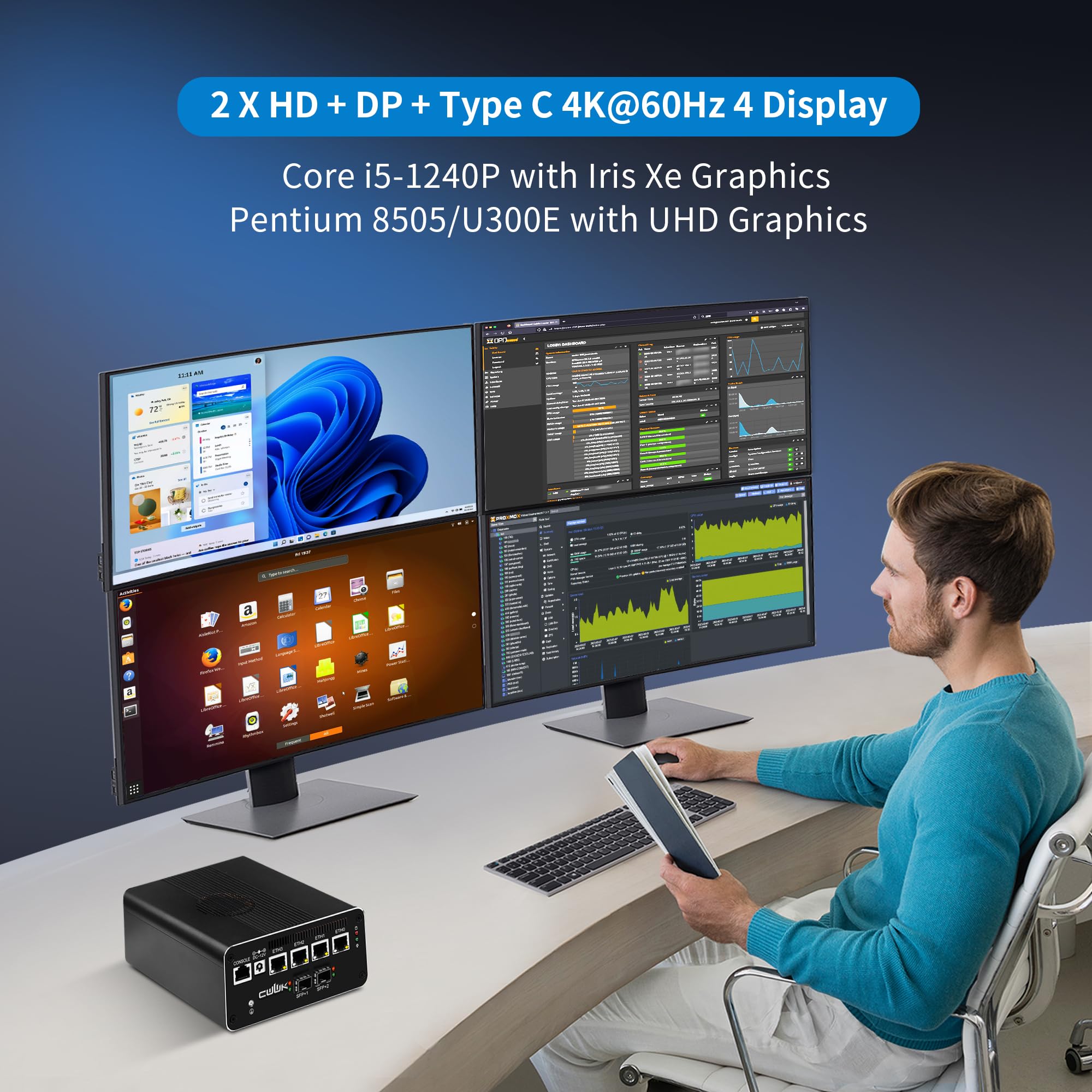 CWWK Mini PC i5-1240P Firewall Appliance, 2 x 10 GbE SFP+ mini komputer z 4X i226-V 2.5 GbE LAN, S4 OPNsense Micro PC Barebone NO RAM/SSD/OS, PCIe4.0, 4 wyświetlacz, USB-C, TF, AES-NI