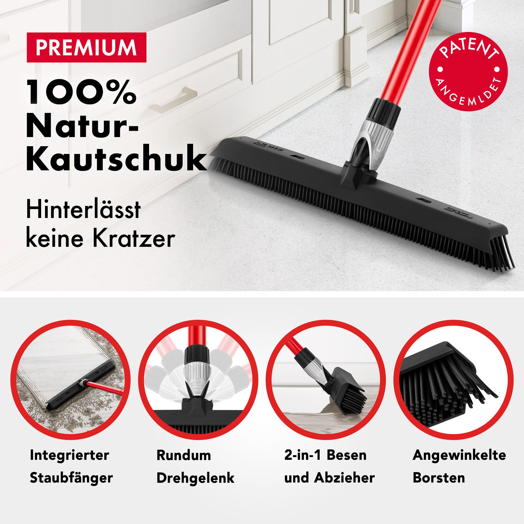 Tyroler Gummibesen & Bodenabzieher | Kehrbesen-Kopf aus 100% Naturkautschuk 41 cm | Besen mit Stiel und 140 cm Anti-Rost-Griff | Gummi-besen mit Abzieher | Gummibesen mit Stiel | Gummibesens Tierhaare