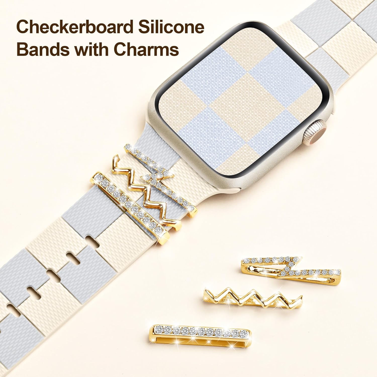 Silicone Strap for Apple Watch Band 41mm Women, Stylish Checkerboard Bracelet with Gold Bling Z Charm for iWatch 40/38mm Series 10(42mm) 9 8 7 6 5 4 3 SE,Designer Sport Wristband for Apple Watch Bands - Image 3