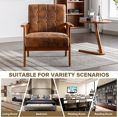 Miniatura 7 de Silla moderna de mediados de siglo con marco de madera, sillón de lectura de piel sintética, silla decorativa para sala de estar, dormitorio, fácil