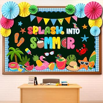 Eersida Back to School Bulletin Board Decorations with Paper Fans 3D Summer Classroom Bulletin Board Hawaiian Ocean Ice Pop Cutouts School Vbs Library Church Window Wall DecorSummer