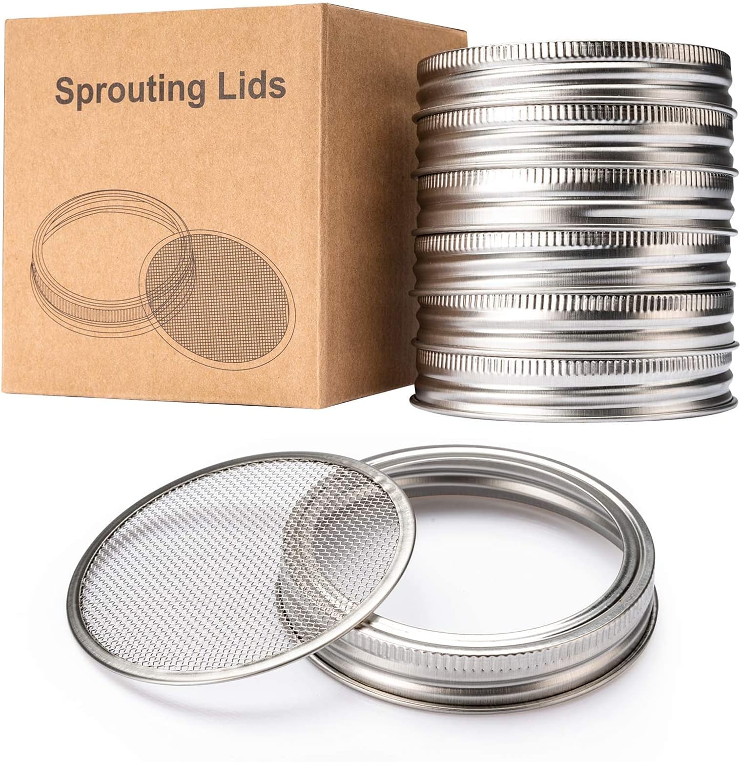 HENMI Sprouting Lids for Wide Mouth Mason Jars Canning Jar 304 Stainless Steel Sprouting Jar Lid Kit Sprout Germinator Set to Grow Your Own Organic Sprouts,6Pack(Jar not Included)