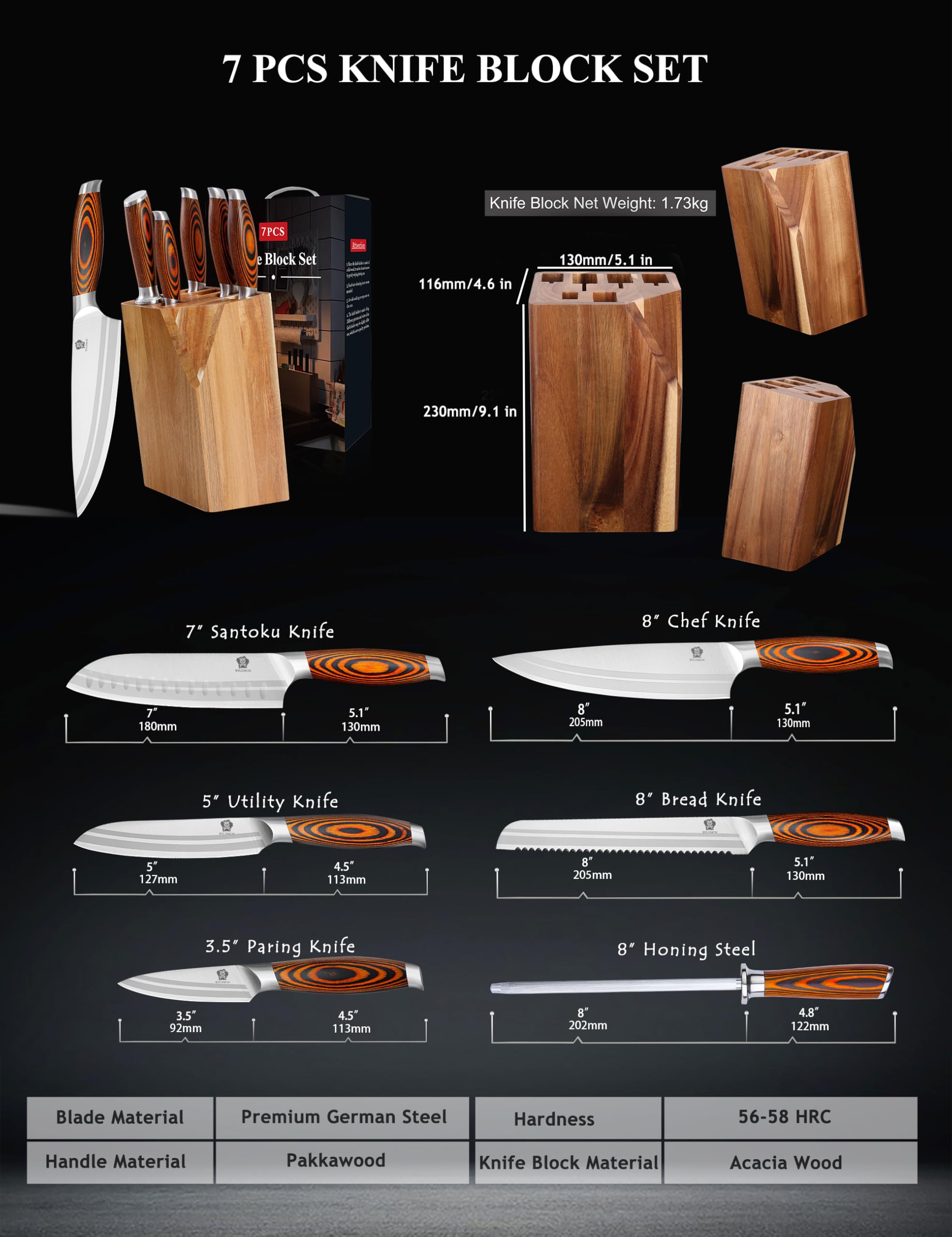 WILDMOK Set di coltello 7pc, Set di coltello tedesco Chef Chef, prezioso manico Pakkawood per Set di coltello da cucina