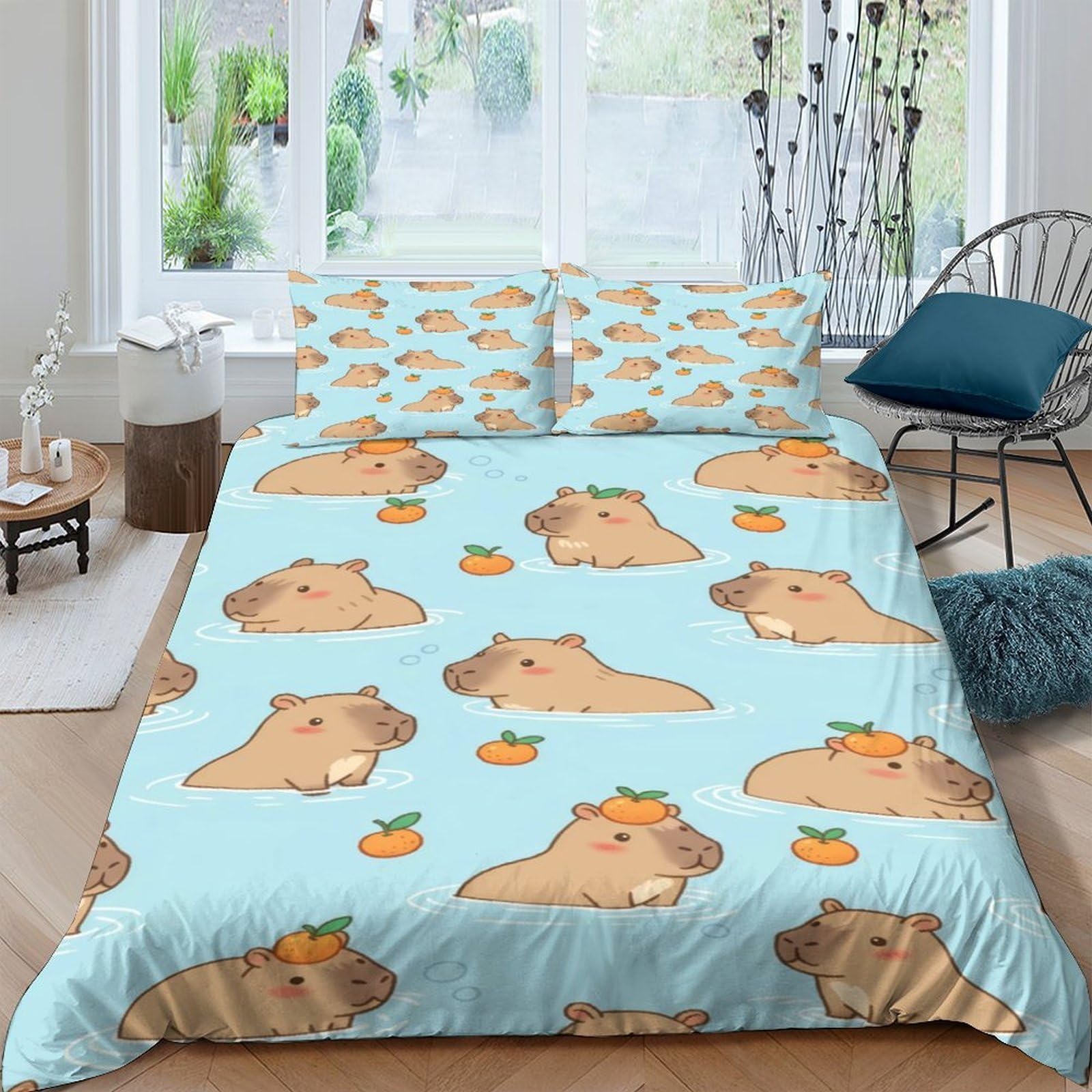 Ctjqhvkz Style-3 3D Printed Capybara Animal Fitted Sheet Microfiber Soft Blue Kawaii Orange Mattress Cover For Bedroom Dorm Decor Single（135X200cm）