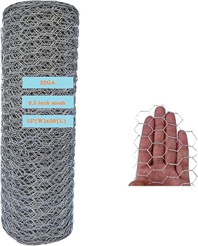 22GA Galvanized 12 in x 50 ft x 1/2 in Mesh Chicken Wire Hexagonal Poultry Netting for DIY Crafting, Pet Cages, Edge Fencing, Lawn Netting
