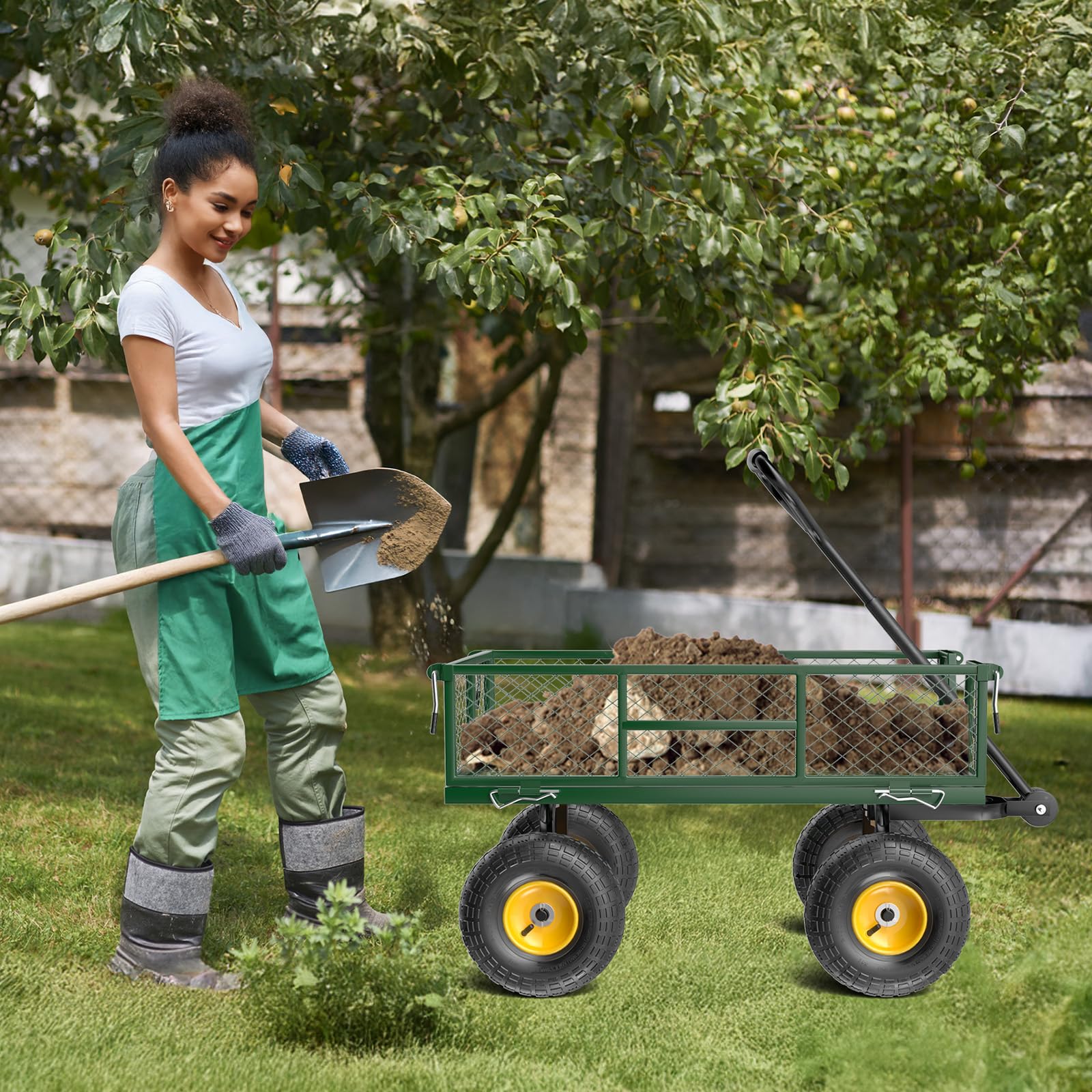 Bonnlo Gartenwagen, Bollerwagen Metall mit 180° drehbarem Griff und abnehmbarem Eisennetz, 363 kg Schwerlast-Nutzwagen, Kippwagen für Garten, Rasen und Landschaftsbau (Grün, 95,5 x 51 x 90 cm)
