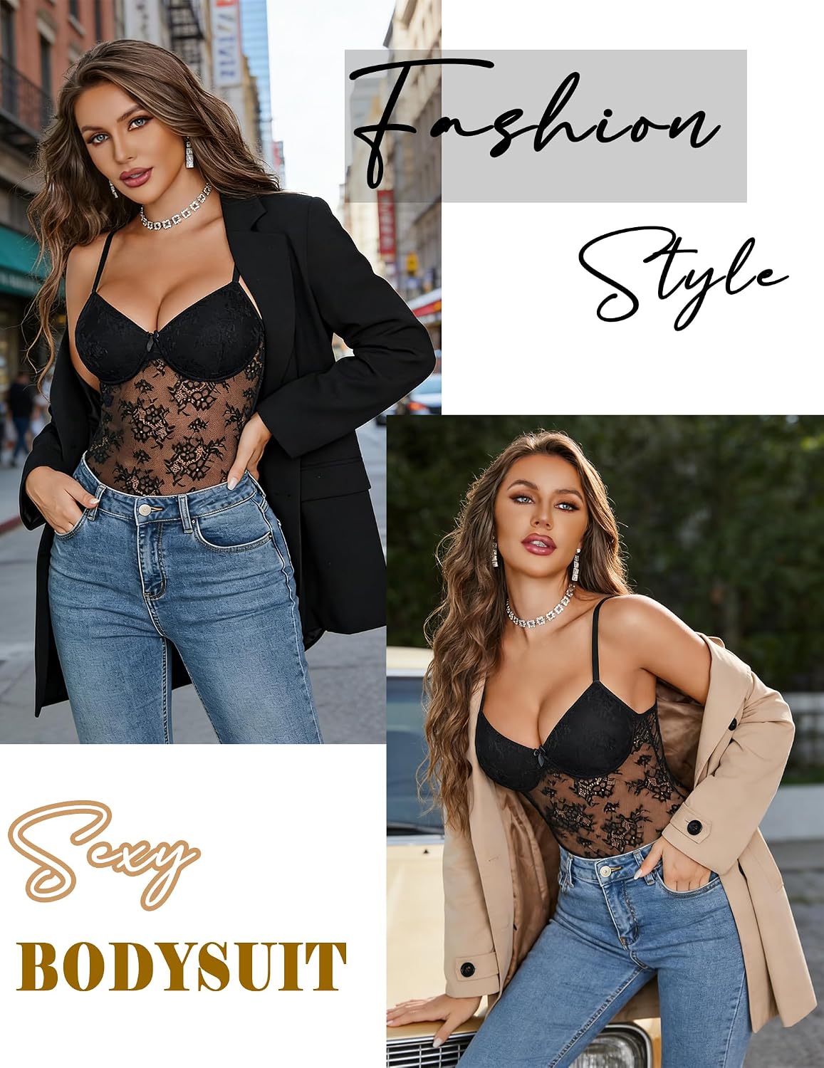 Avidlove Lingerie for Women Lace Bodysuit Sexy Body Suit | Deep V Teddy Snap Crotch Lace Bralette for Women Camisole Adjustable See Through Underwear Mesh One Piece Babydoll