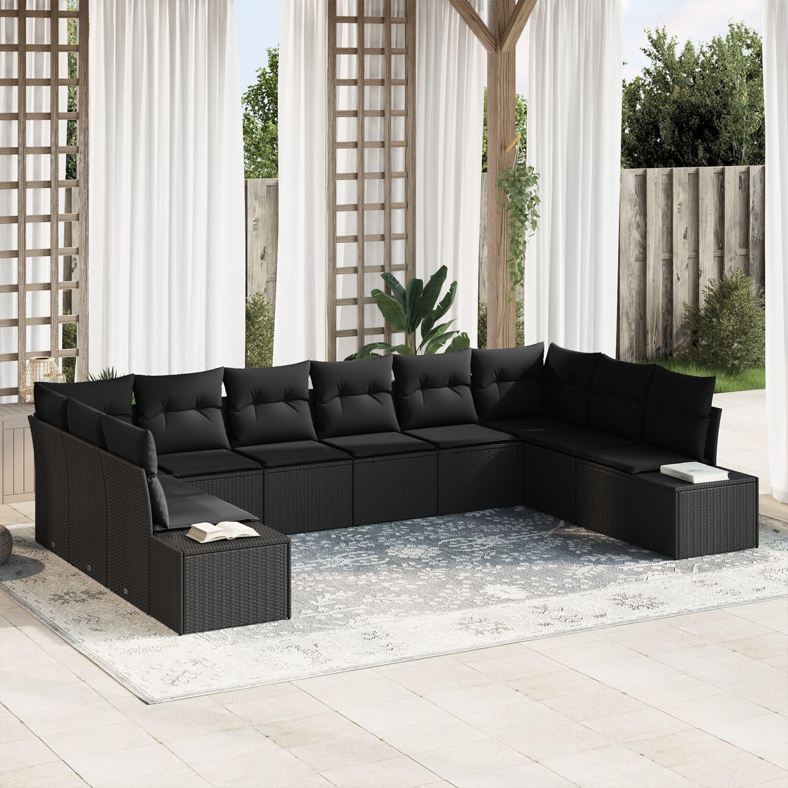 Gecheer Set di divani da Giardino 10 Pezzi con Cuscini Nero Polyrattan,Salotto da Giardino,Set Salotto da Esterno,Divanetti da Esterno,Divano da Esterno,da Giardino,P3355912