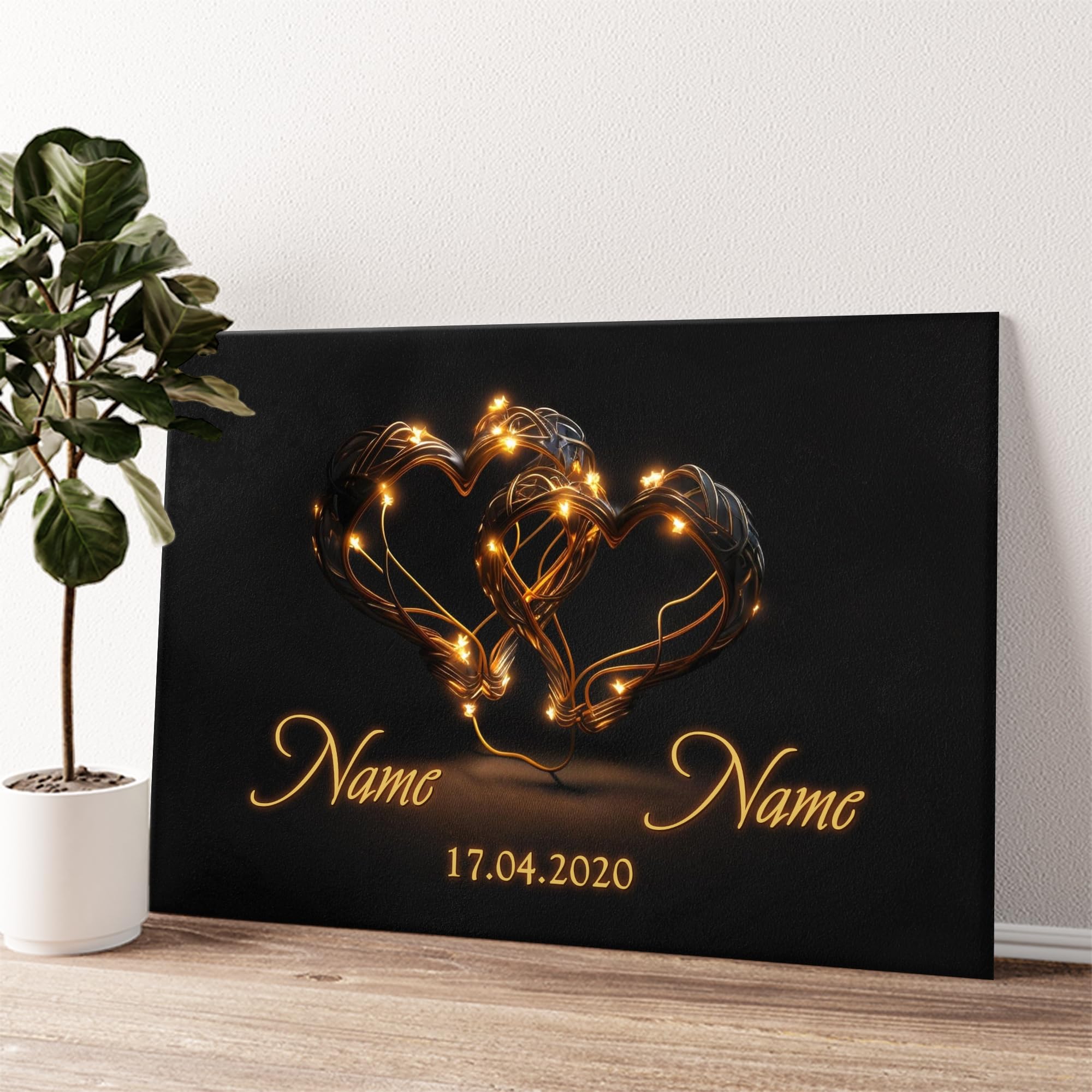 Liebesleinwand Individuelles Wandbild Blinkende Herzen | Jahrestag, Hochzeitstag Geschenke für Frauen | Leinwand mit Namen und Datum gestalten