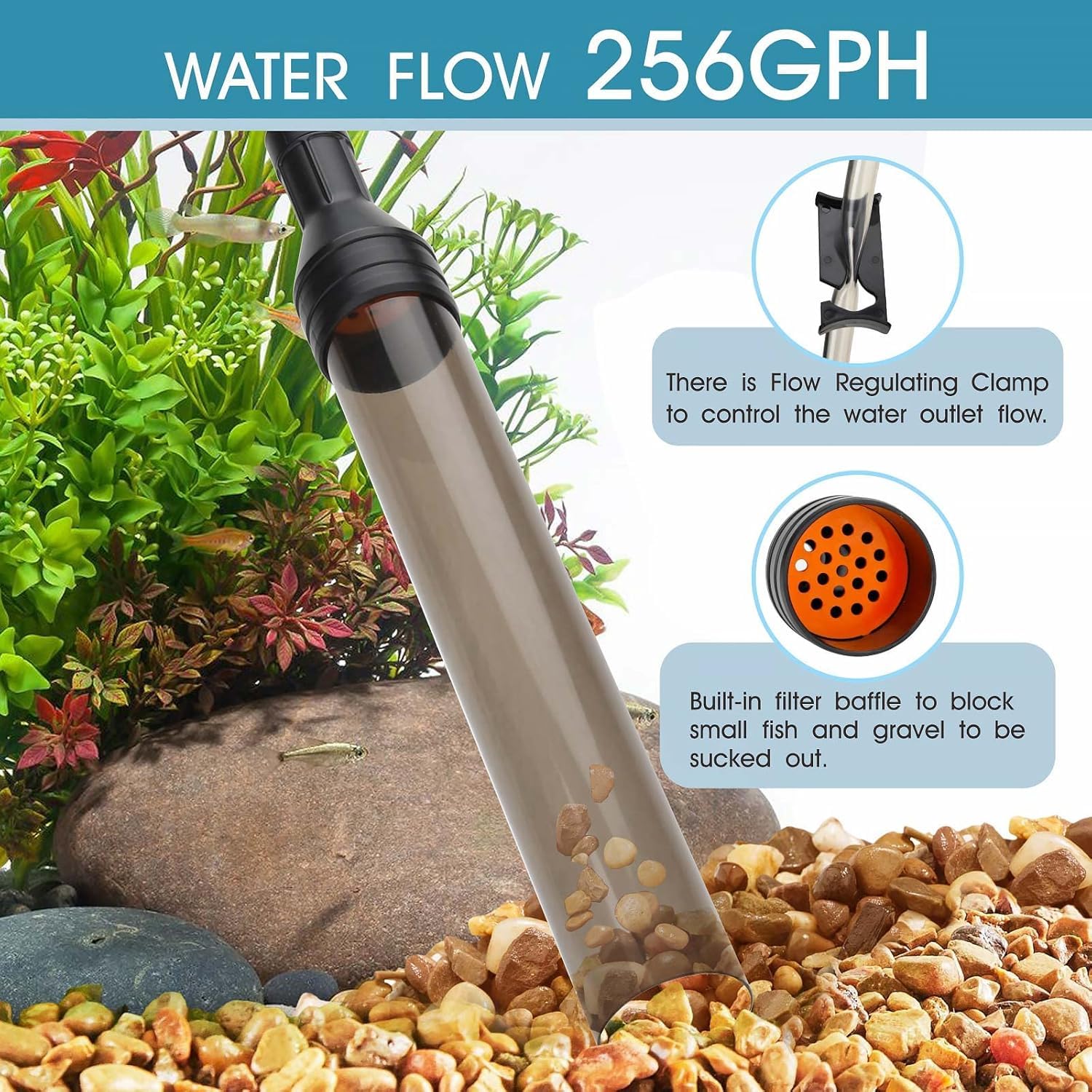 hygger Aspirador de grava 960LPH para acuario, correr en segundos acuario grava limpiador de bajo nivel de agua cambiador de agua limpiador de tanque de peces con pellizco o mango bola de succión