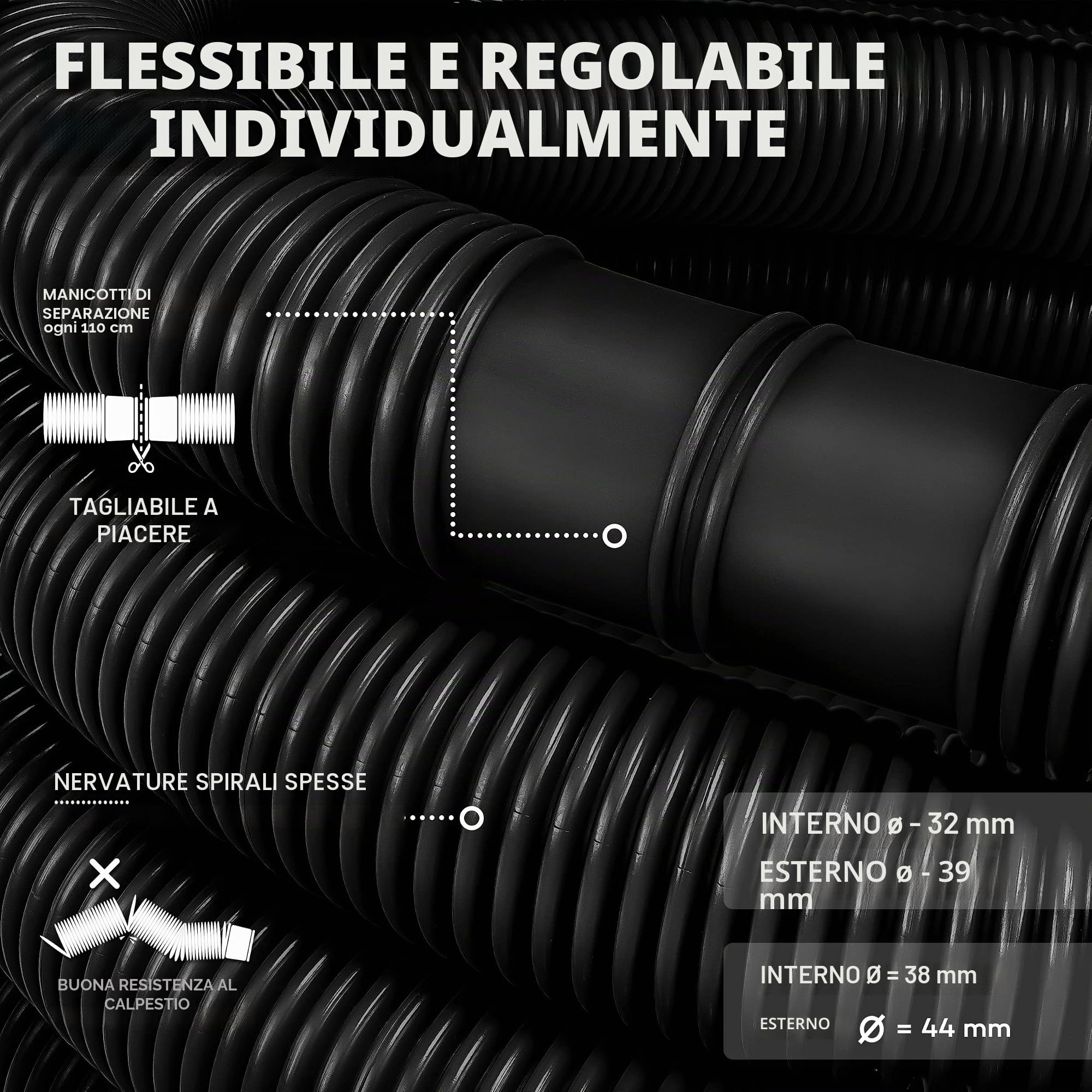 Tillvex Tubo per Piscina e Vasca | Solare, Flessibile, Con Manicotti | Per Pompa e Aspirazione | Nero, 15m / 38mm