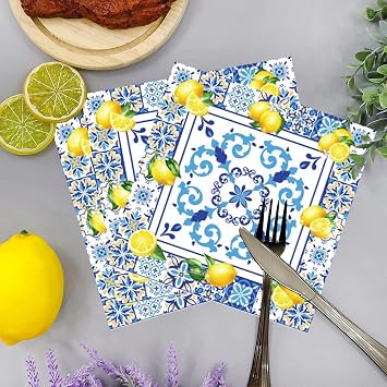 100Pcs Capri Lemon Party Supplies Blue Tiles Yellow Lemon Party Set 7Capri Lemon Citrus Fruit Paper Plates and Capri Lemons Napkins for Baby Shower Lemon Birthday Italian Theme Party Decor Serves 50
