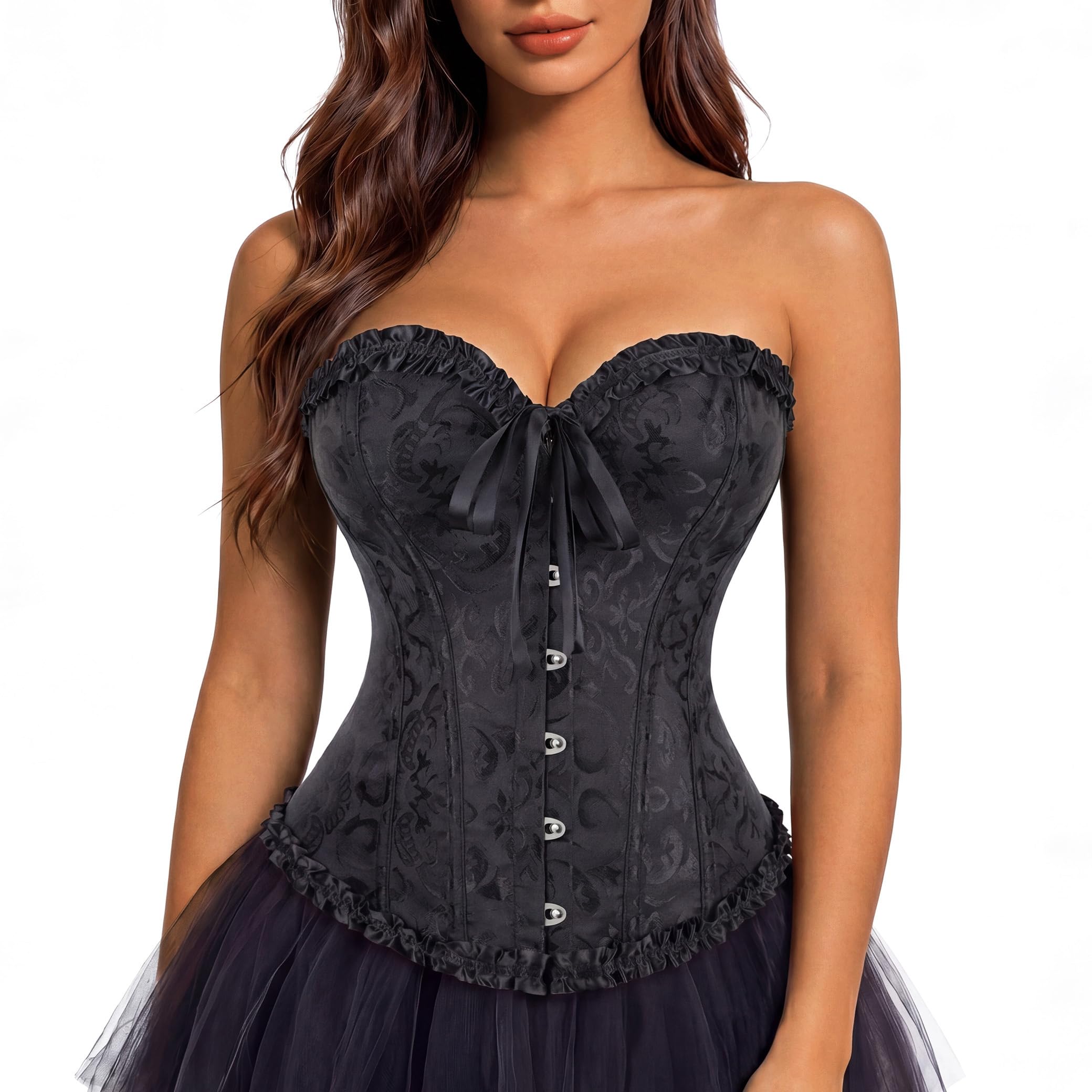 Kranchungel Plus Size Corset Women's Floral Pleated Trim Overbust Waist Cincher Bustier Top