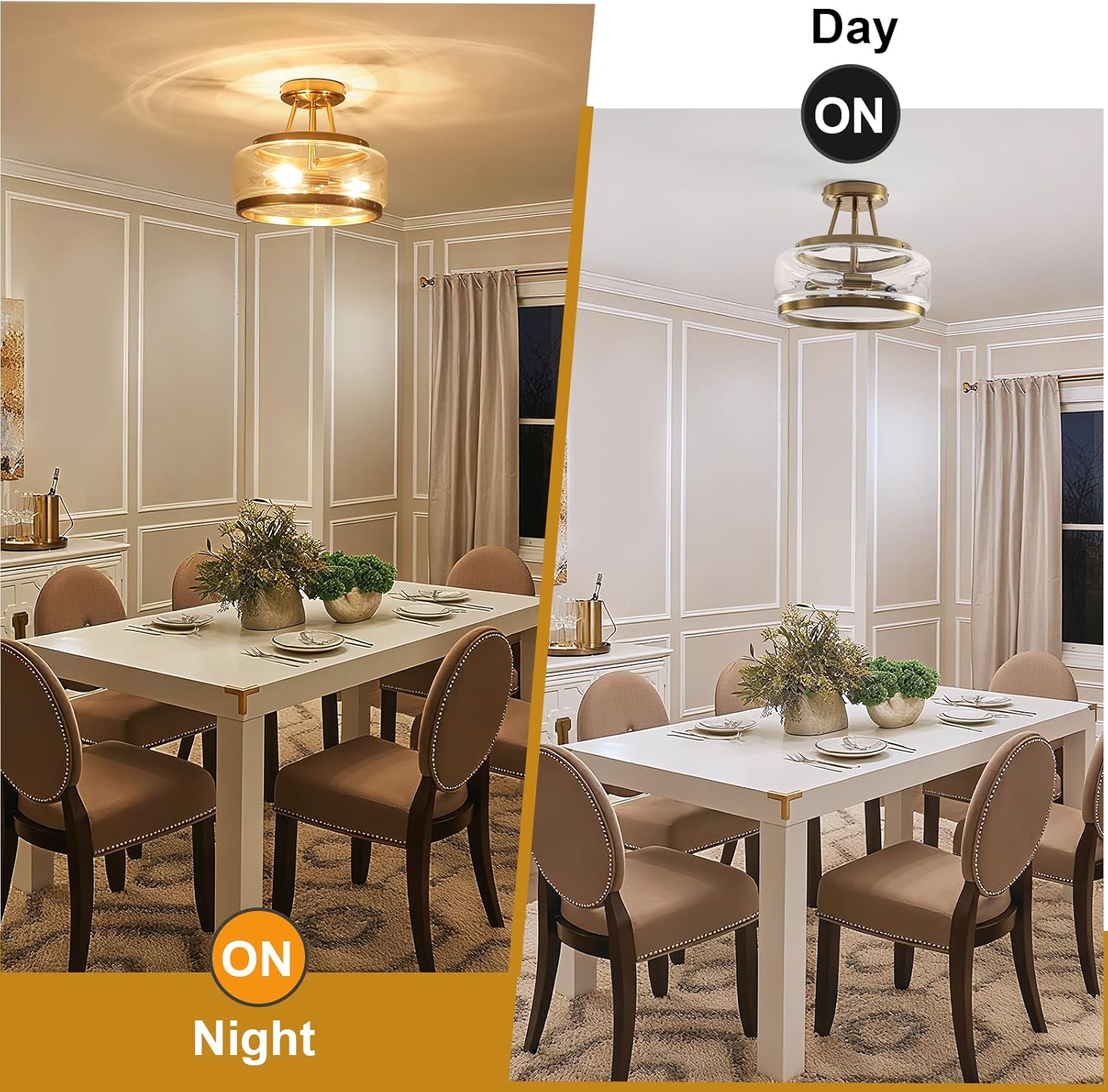 11.8" Gold Semi Flush Mount Ceiling Light, Small Ceiling Lighting Modern Clear Glass Flush Mount Drum Light Fixture for Dining Room Foyer Entryway Bedroom Kitchen Bathroom 3-Light