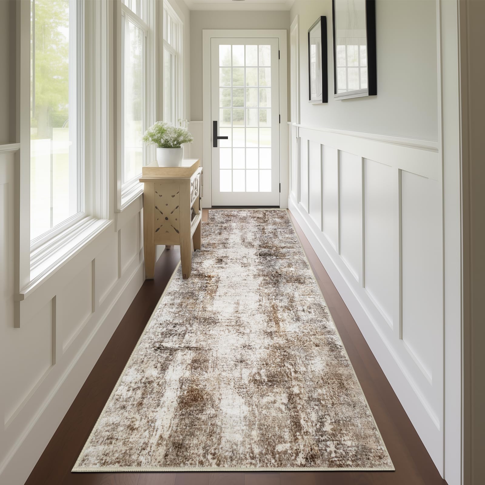 Capslpad 2x10 Brown Hallway Runner, Ultra Soft Fabric Washable Runner Rug, Non-Slip Rubber Backing, Stain Resistant Low Pile Runners for Hallways,