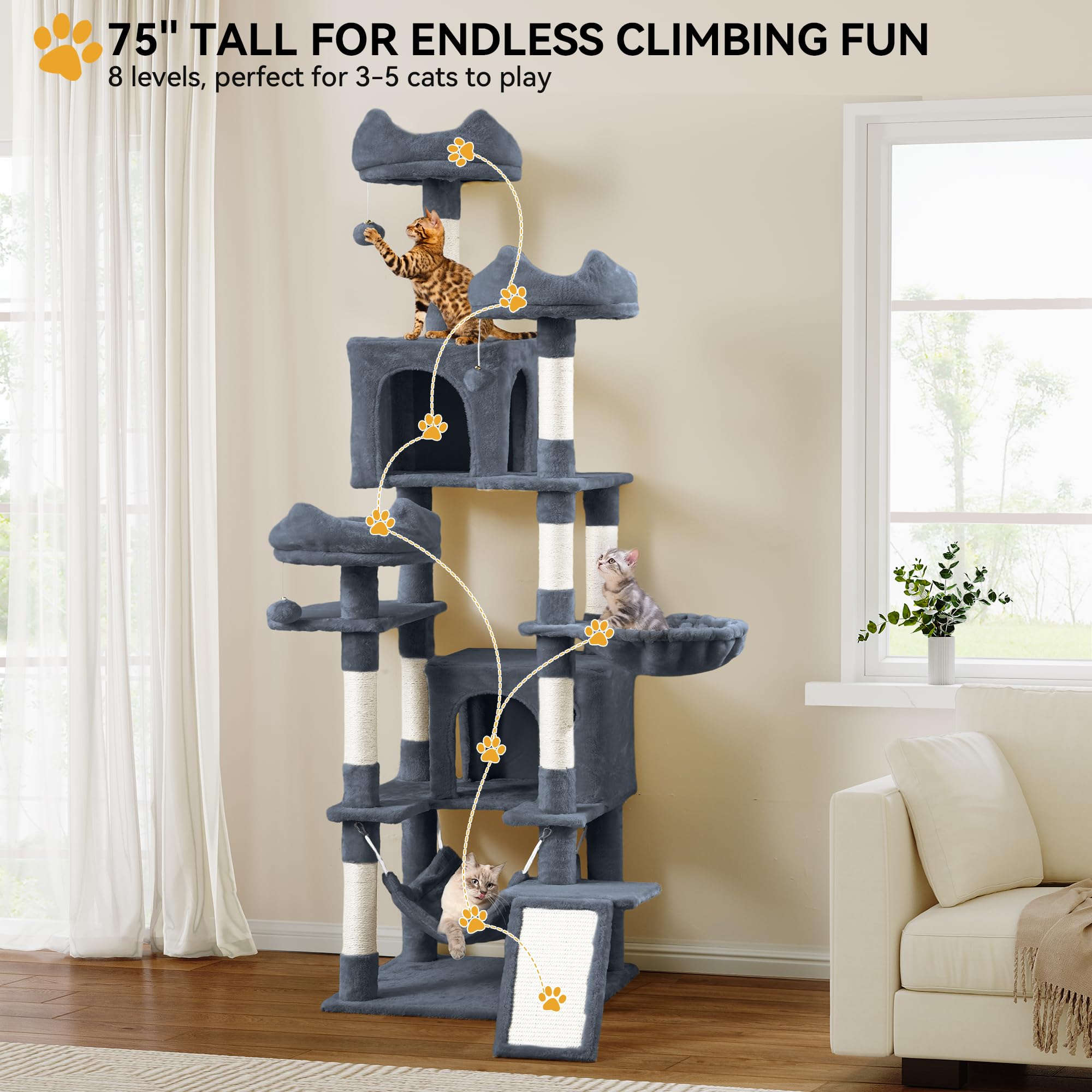 YITAHOME Tall Cat Tree for Indoor Cats, 75 inch Multi-Level Cat Tower with Cat Condos, Top Perches, Sisal Ramp Scratching Posts, Cozy Basket, Hammocks, Large Cat Pet Activity Structure,Pink: 75 inches Dark Grey