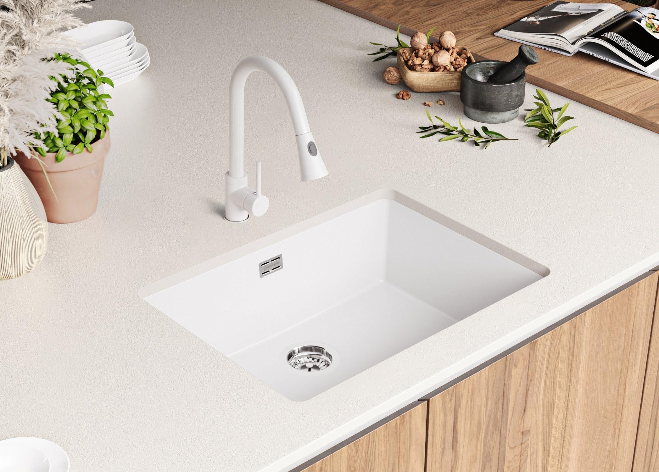 PRIMAGRAN Fregadero bajo Encimera Blanco - London, 66x47cm | Cocina 1 Seno + Sifón, Granito al Mueble 70cm (S388)