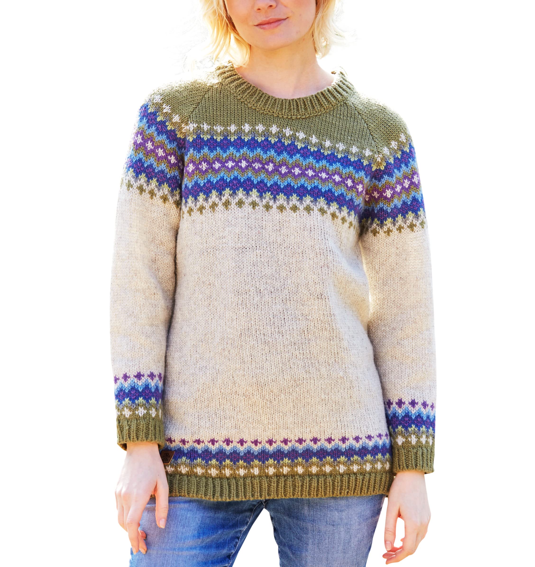 Pachamama Women Wool Jumper Handknitted Fair Isle Natural Colours Handmade Extra Warm Sweater Fair Trade (Med UK 12-14, Olive)