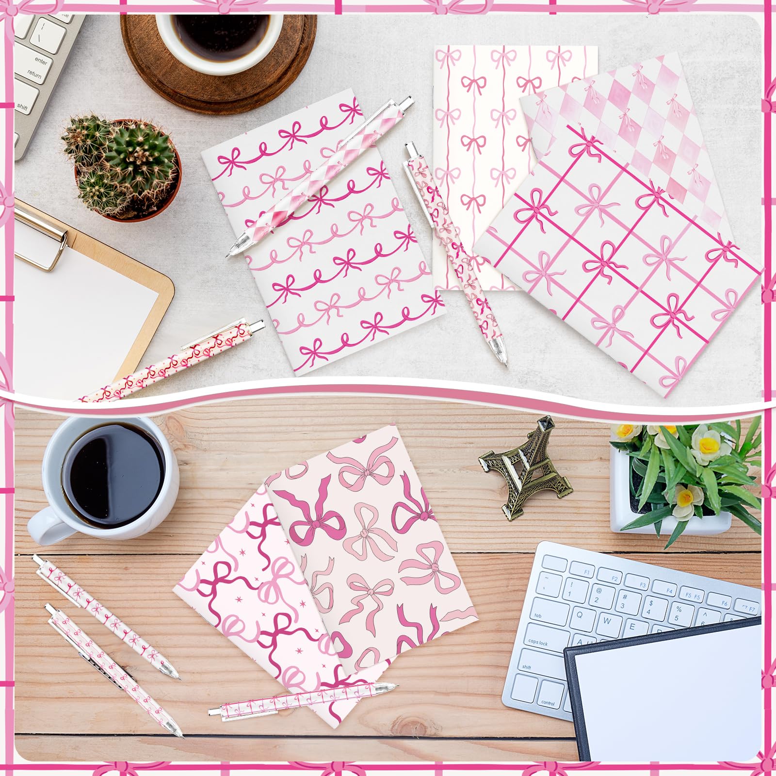 Sinload Lot de 96 blocs-notes de poche avec nœud papillon et stylos à bille, 6 styles de stylos esthétiques, pour la rentrée scolaire, le bureau, cadeau pour fille, étudiante, enseignante