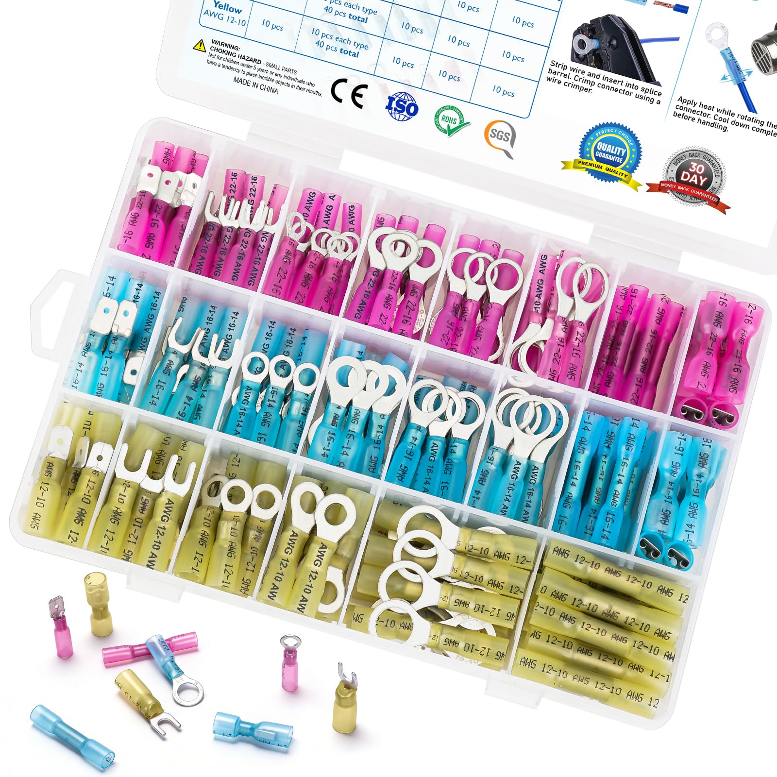 TICONN 250Pcs Heat Shrink Wire Connectors, Waterproof Automotive Marine Electrical Terminals Kit, Crimp Connector Assortment, Ring Fork Spade Butt Splices