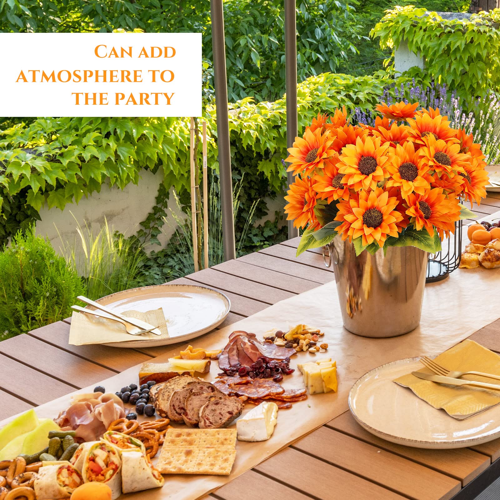 Geosar 12 Pcs Fall Sunflowers Artificial Flowers with Long Stems for Wedding 22 Inch Silk Faux Sunflowers 5 Floral Heads Yellow Sunflower Bouquet for Outdoor Indoor Garden Home Party Decor(Orange)