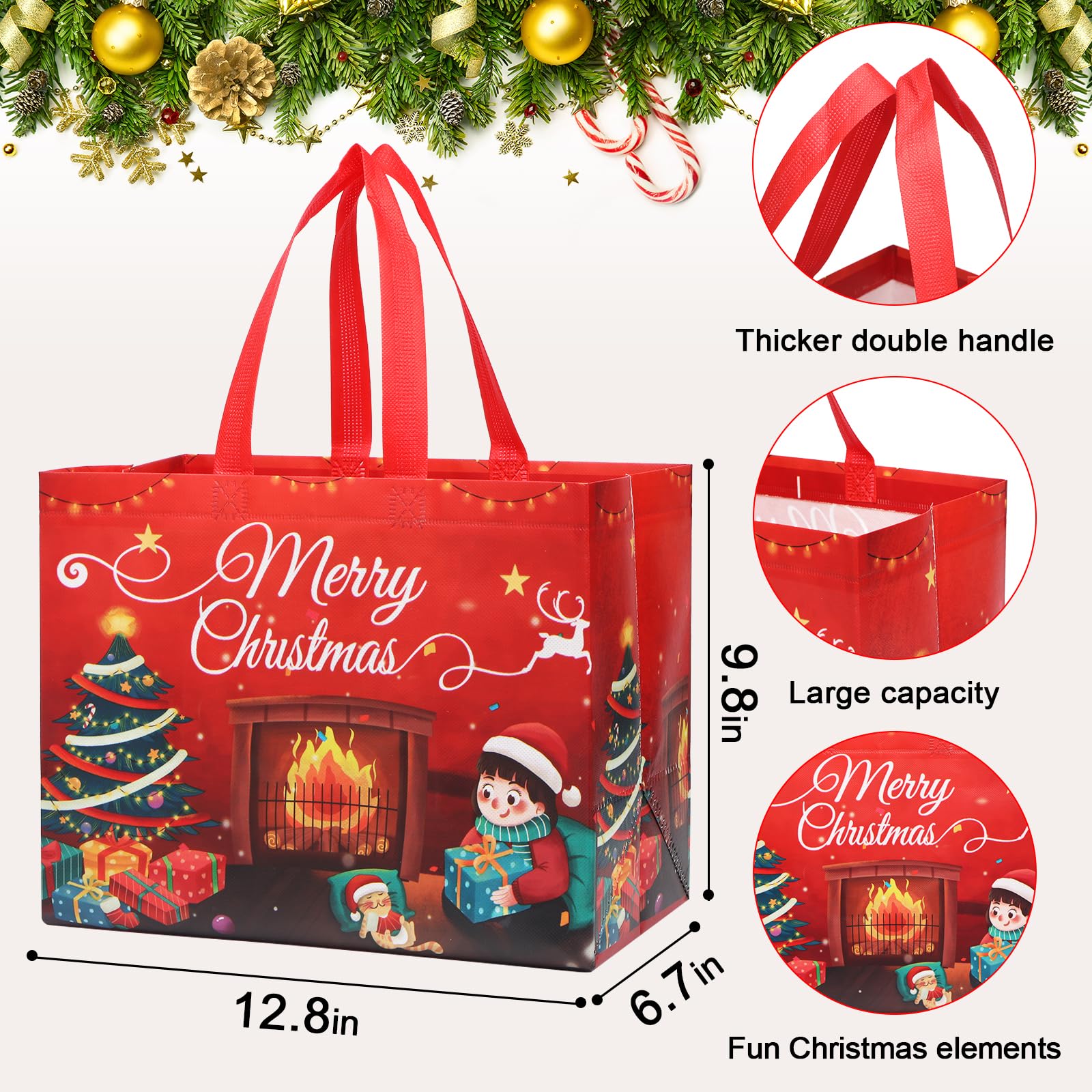 24 Pack Christmas Gift Bags - Large Reusable Tote Bags With - View #3