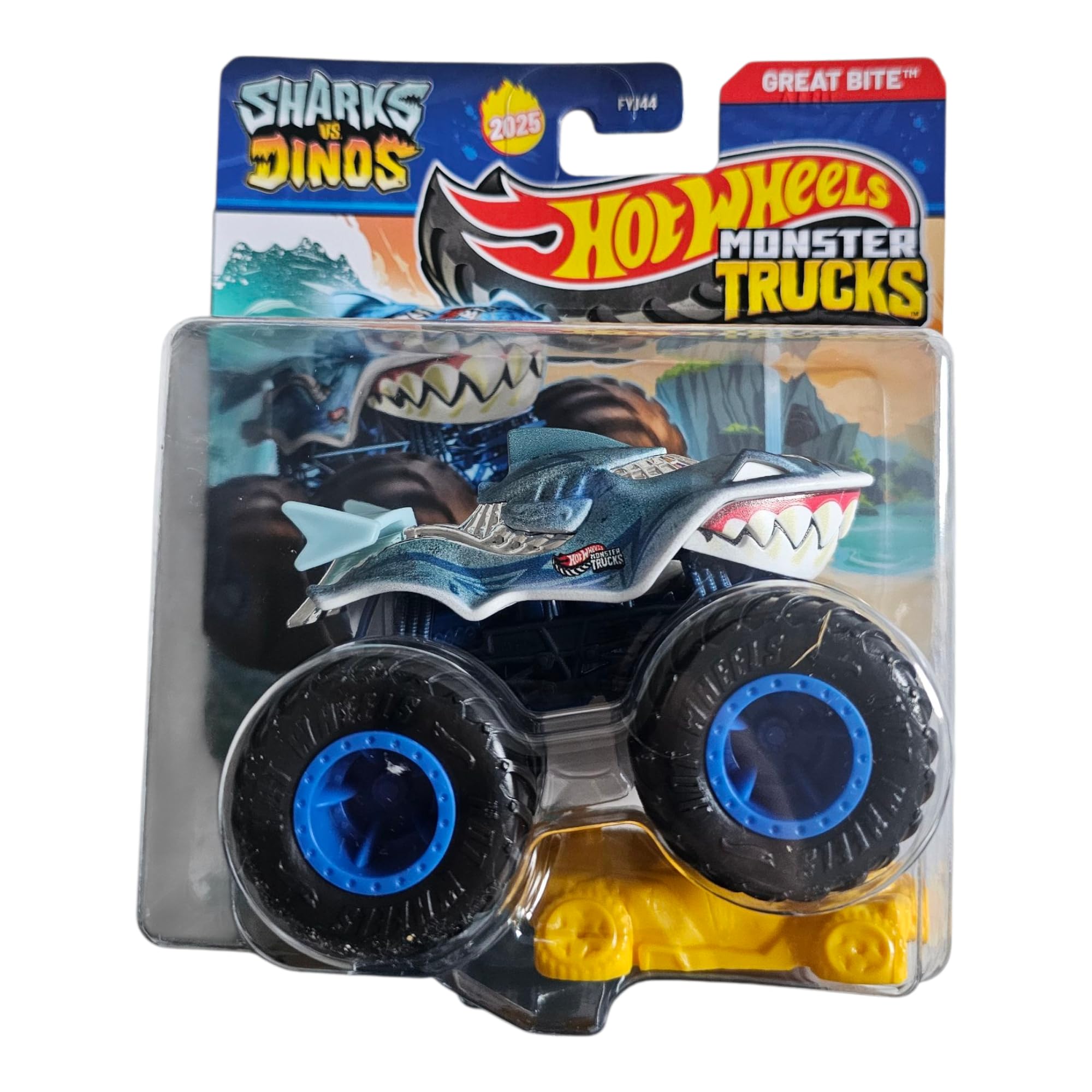 Hot Wheels Monster Trucks Great Bite, Sharks vs Dinos Series, Die-Cast Vehicle, Metallic Blue-grey, Blue, 1:64 Scale