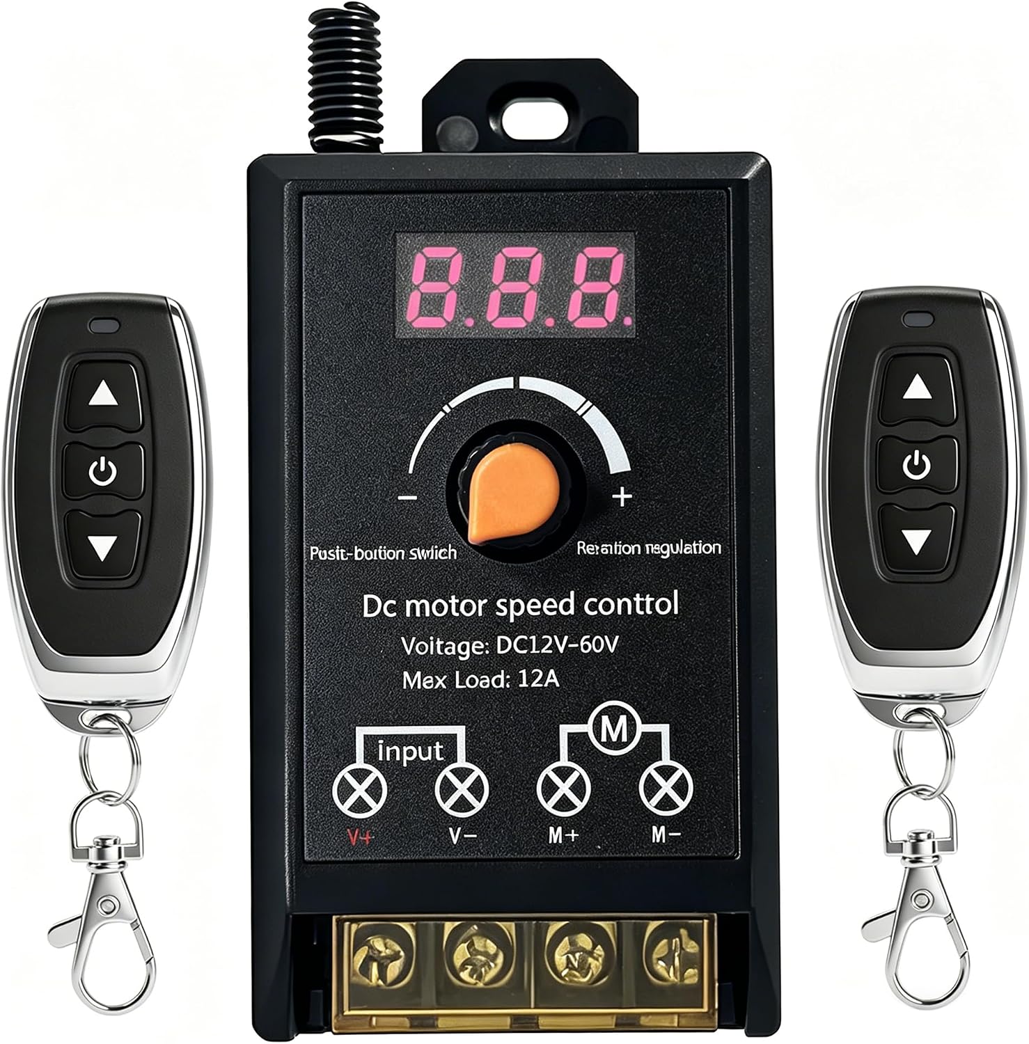 AWINLI DC Motor Speed Controller with 2 Remote Controls,12V-60V 12A Wireless RF Switch,100FT Long Range, 433MHz Remote for DC Motors,LED Lights,Fans, Industrial Equipment(Black)