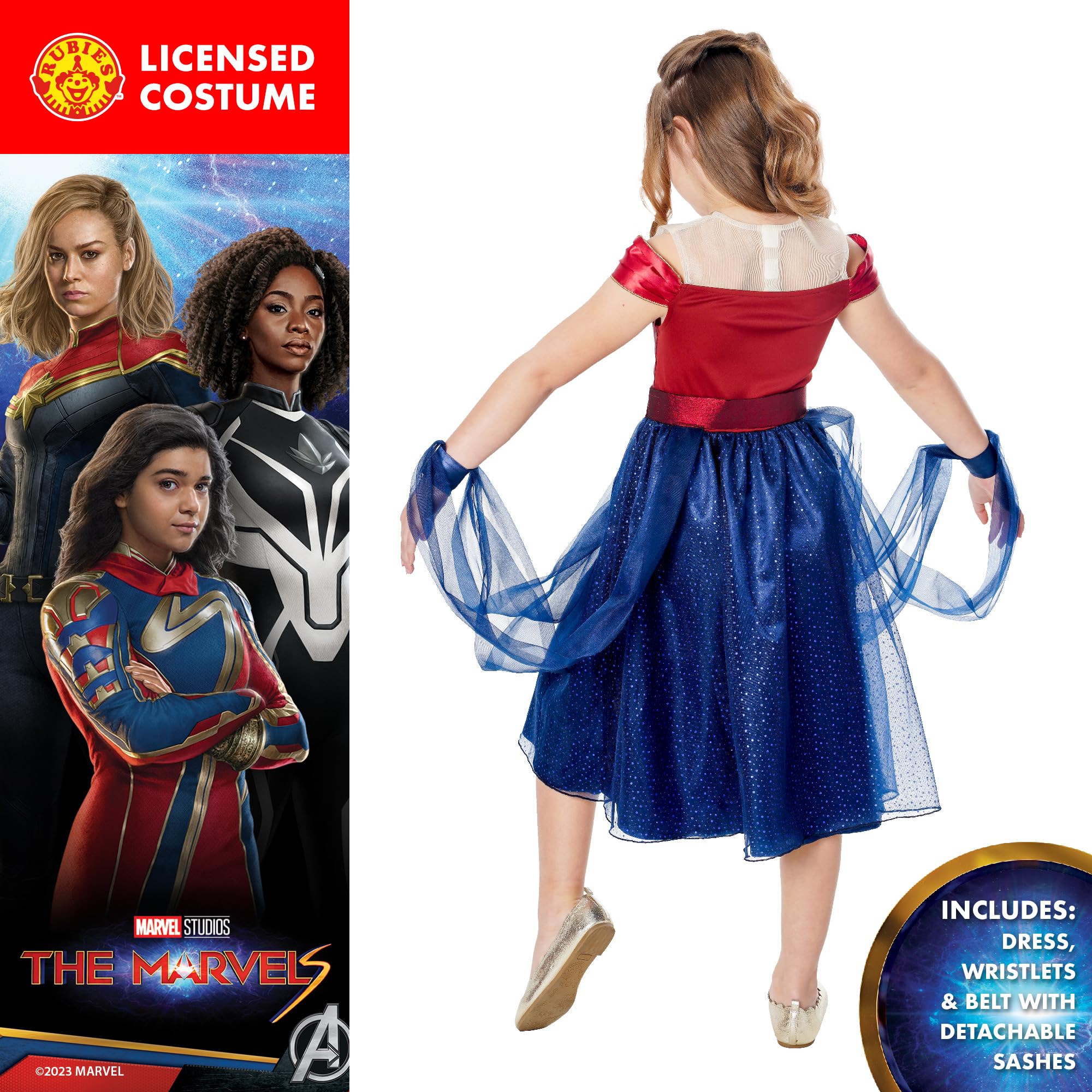 Rubies Disfraz Capitana Marvel Dress Deluxe para niñas, Vestido con cinturón, The Marvels Licencia Oficial para Carnaval, cumpleñaos y fiestas