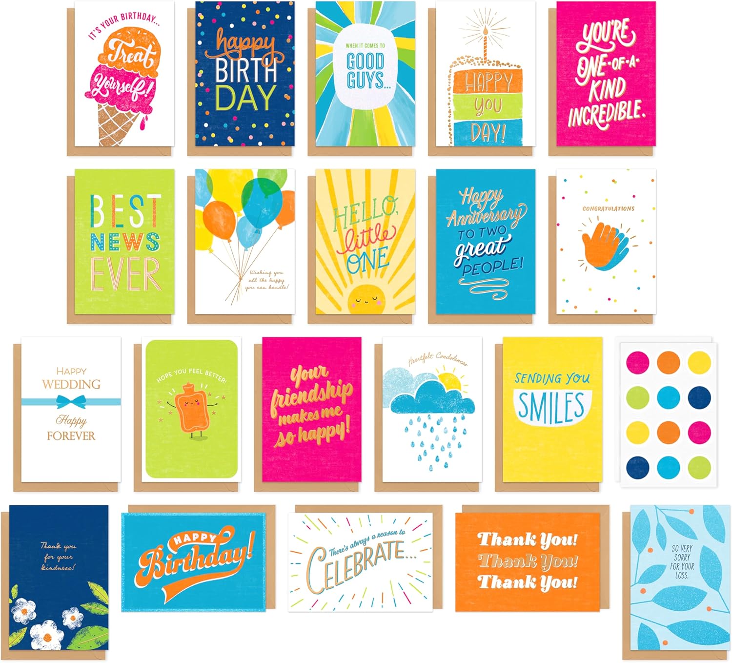 American Greetings 20-Count All Occasions Card Bundle with Envelopes- Birthday, Congrats, Baby, Anniversary, Wedding, Get Well, Support, Friendship, Thank You, and Sympathy