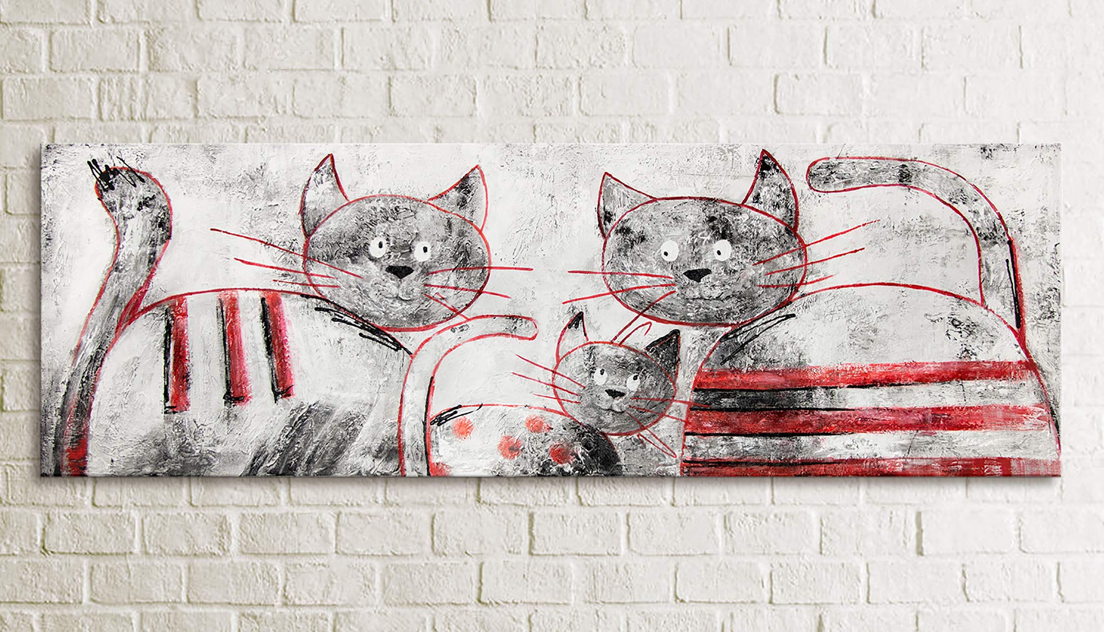 Abstrakt Acryl Gemälde auf Leinwand lustige Katzen handgemalt Wandbilder 150x50 cm