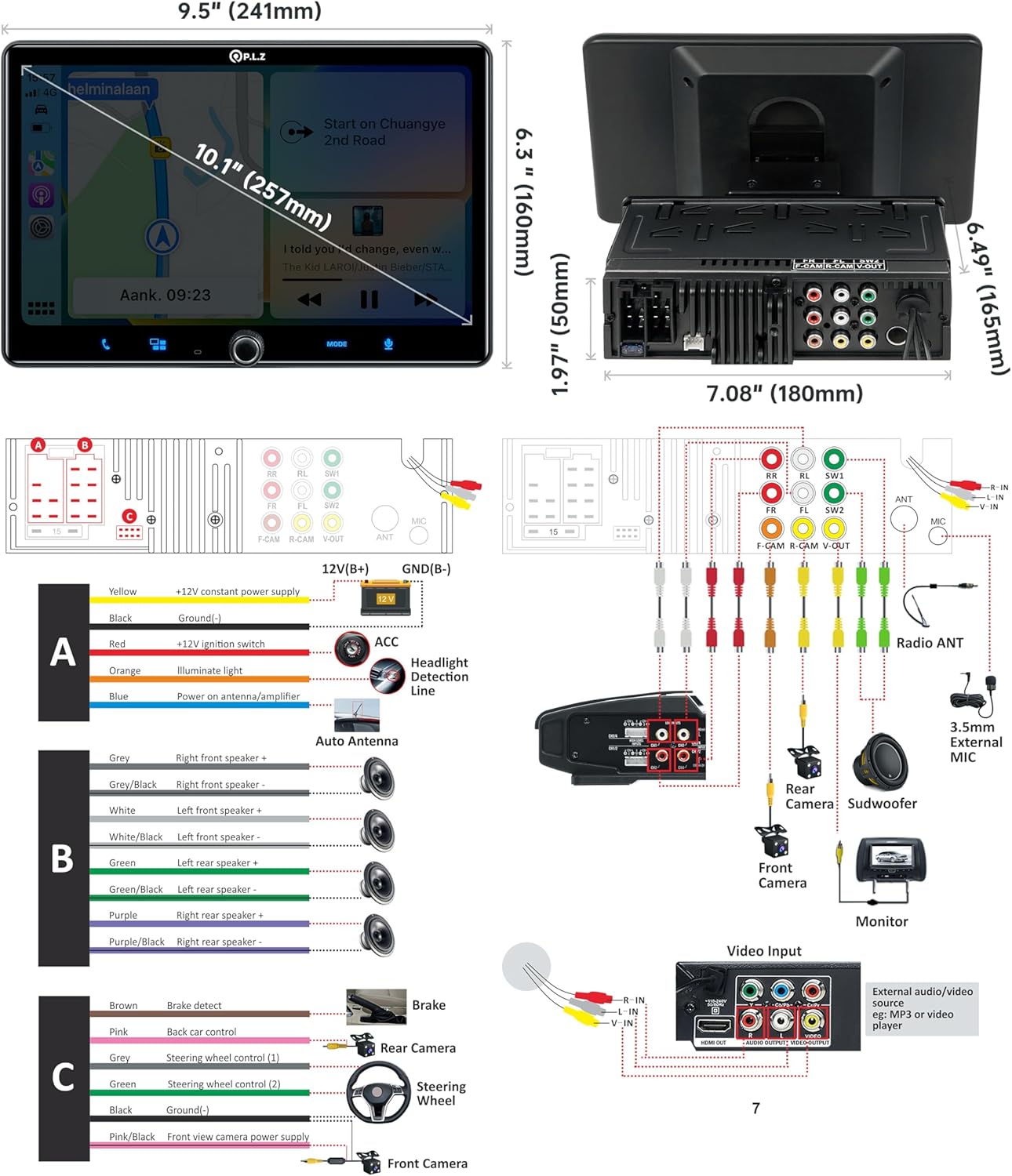 PLZ 10.1" Single Din Car Stereo Wireless Apple Carplay Android Auto Radio, Car Play Touch Screen, Bluetooth 5.3 Car Audio Receiver, 4.2 Channel 240W, Subwoofers, Navigation, FM/AM, SWC, Backup Camera