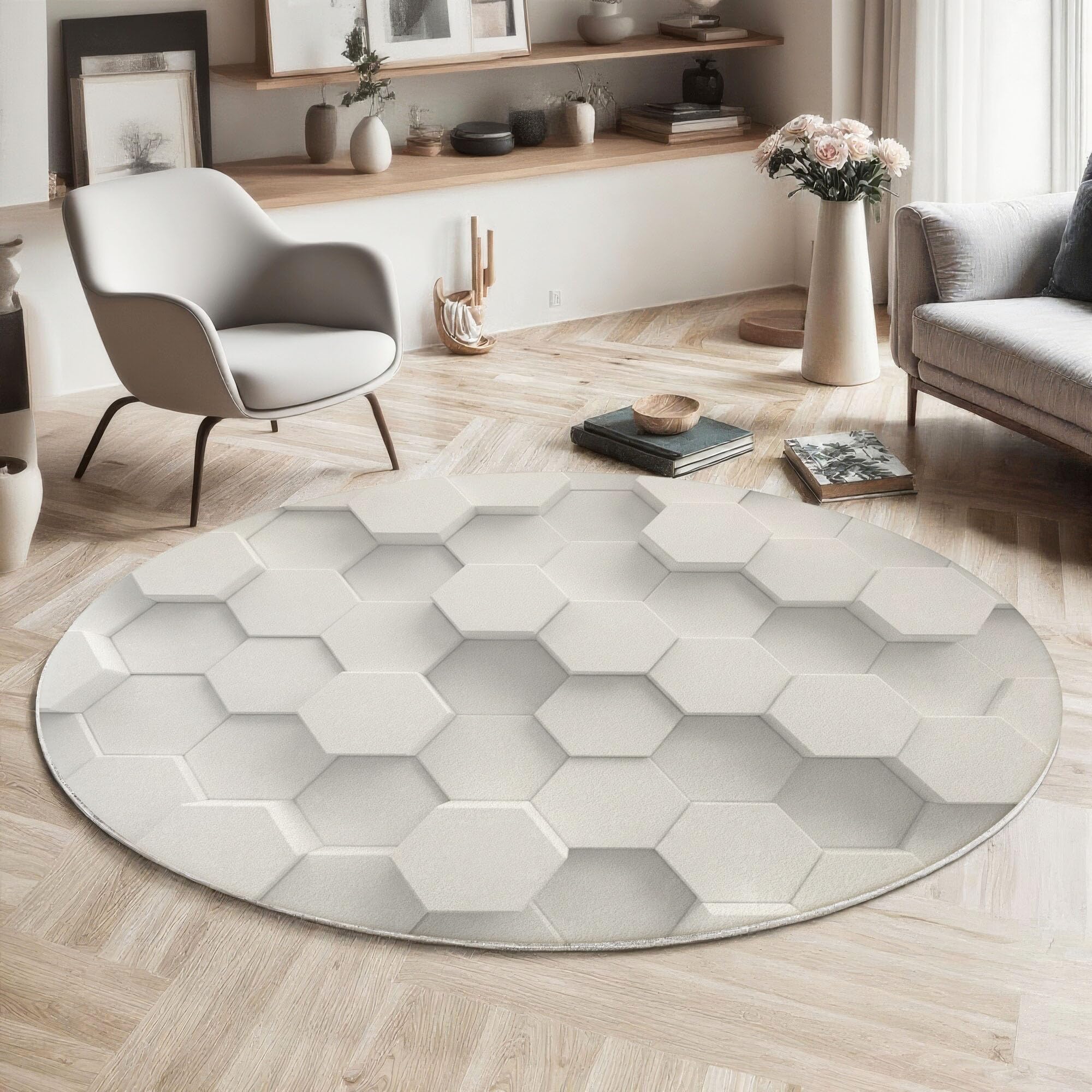 Tapis rond imprimé 3D géométrique moderne de 150cm blanc pour le salon
