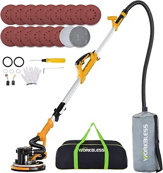 Drywall Sander, 1050W 7.2A Popcorn Ceiling Removal Tool, Automatic Drywall Sander with Vacuum Dust Collector, 7 Variable Speed 1000-2100RPM, 15Pcs Sanding DiscsYellow