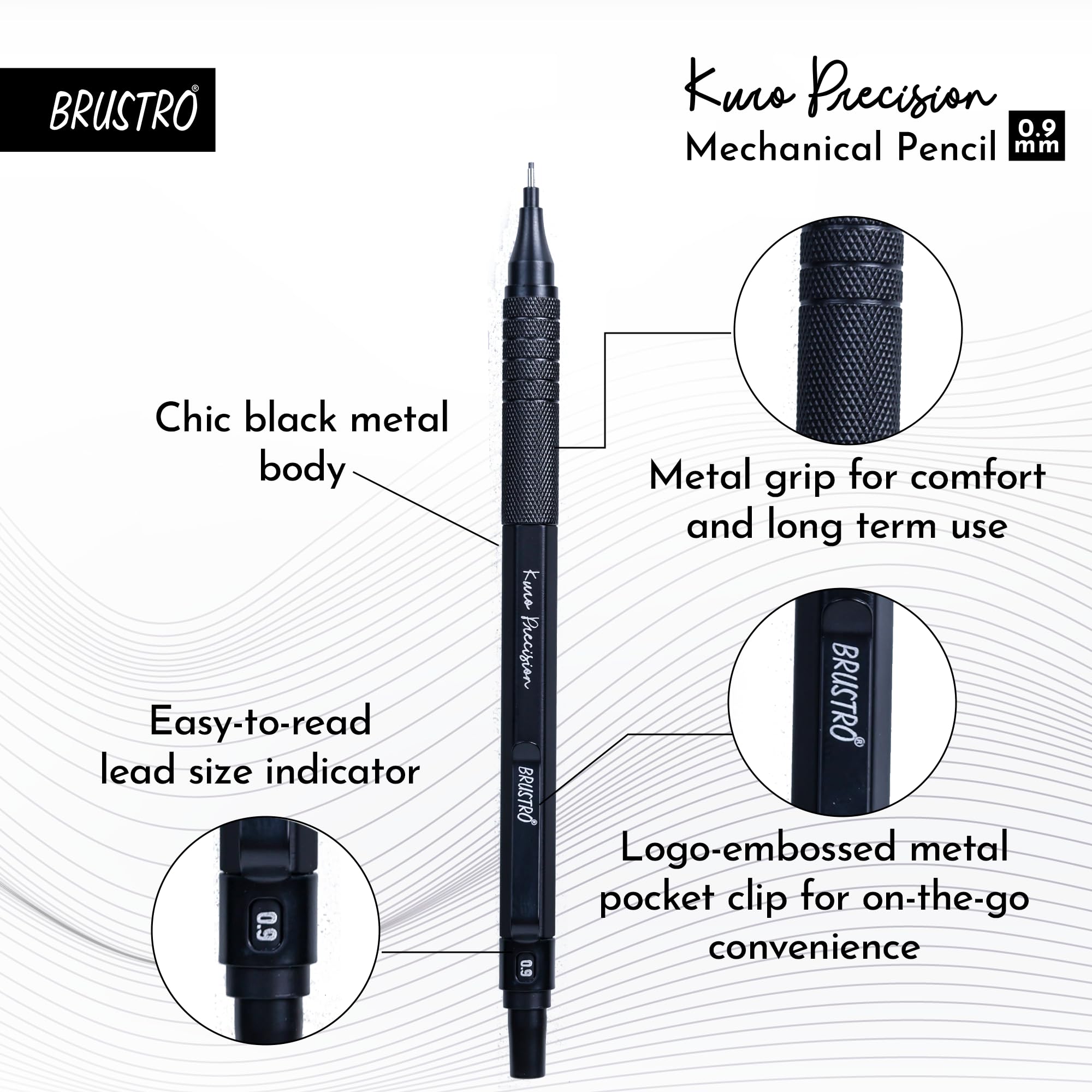 BRUSTRO Kuro Precision Mechanical Pencil | Tip Size - 0.9mm With 20 - HB and 20-2B leads, 3 Eraser Refills| Ideal For Writing, Sketching, Drawing, Mandala Arts and Fine Art Students 1