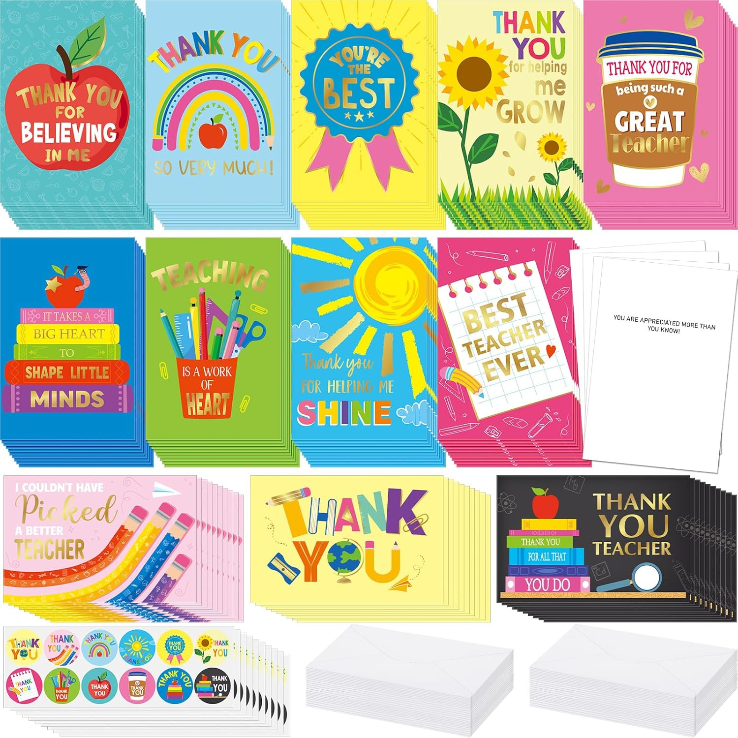 Fuyoooo Teacher Appreciation Cards 120 Sets, 4x6 Thank You Cards for Teachers from Students, Bulk Postcard with Envelopes Stickers, End of School Year Teacher Appreciation Week Gifts(Gold-embossed)