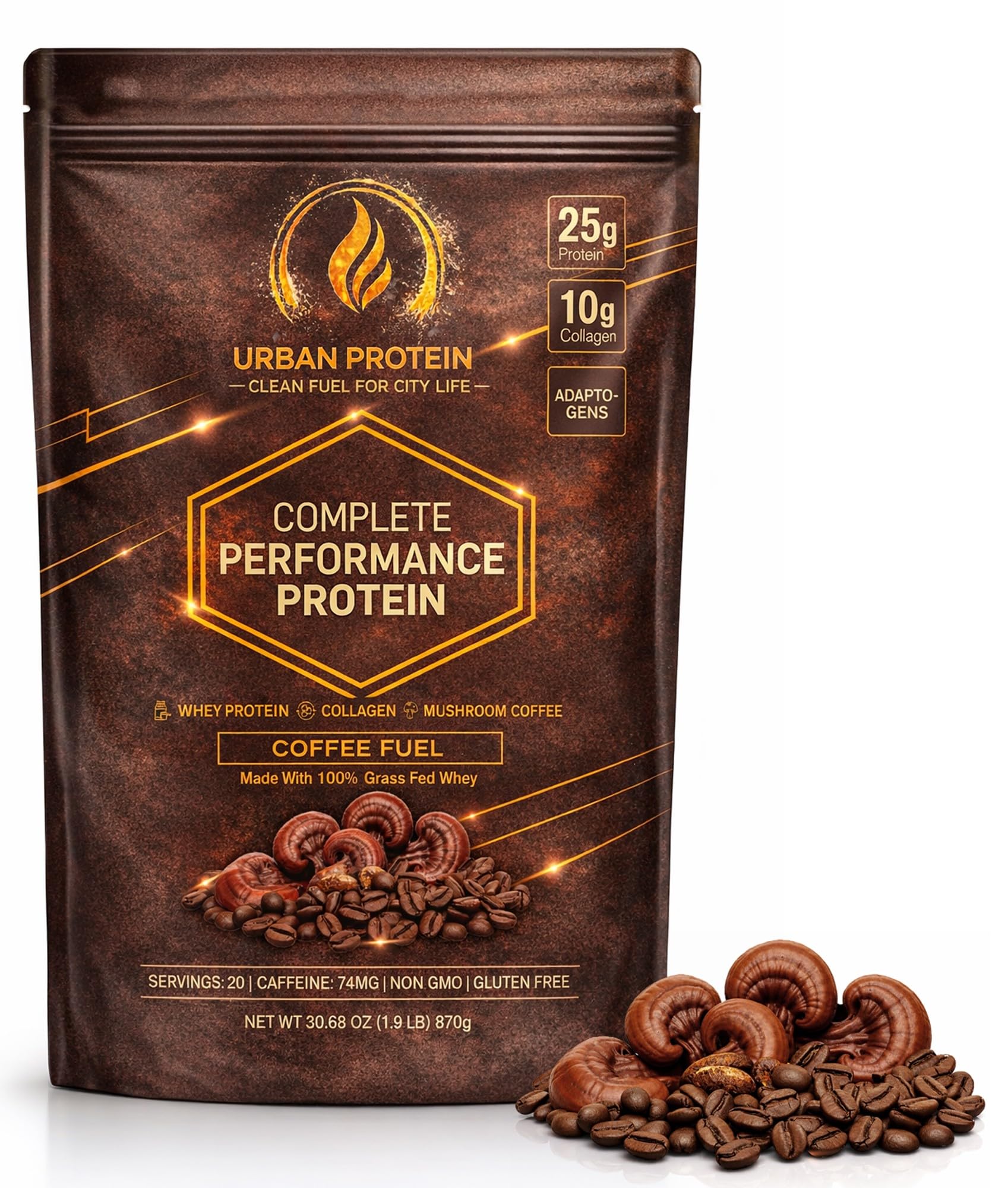 URBAN PROTEIN Suplemento proteico de café com whey protein e peptídeos de colágeno, 25 g de proteína, 20 porções
