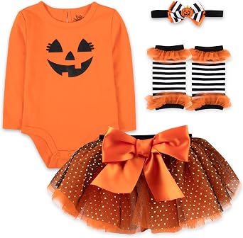 Baby Girl Holiday Outfit 4-Piece Set Long Sleeve Bodysuit, Pants, Tutu Skirt & Headband Halloween, Thanksgiving