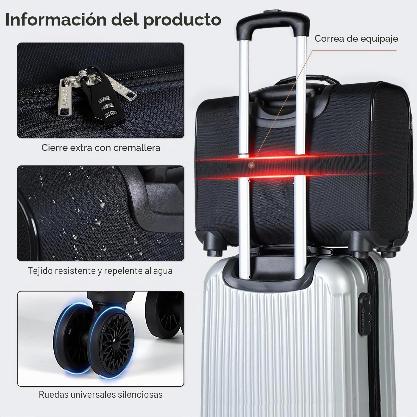 Maletín con Ruedas para Portátil, Maleta de Negocios con Cerradura TSA, Compartimento para Portátil, Bolso de Viaje Impermeable, Negro
