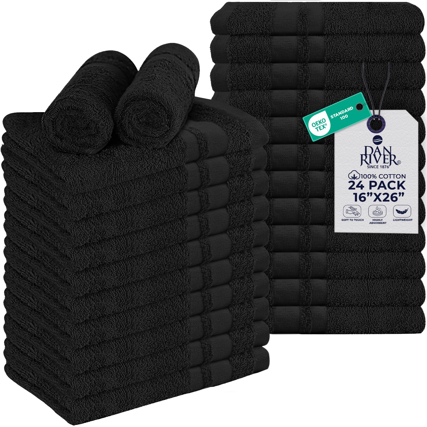 DAN RIVER Juego de 24 toallas de salón, ultra suaves, 100% algodón, paño de secado facial y de pelo a granel multiusos para gimnasio, maquillaje, spa, hogar, toalla de mano negra | 16 x 26 pulgadas,