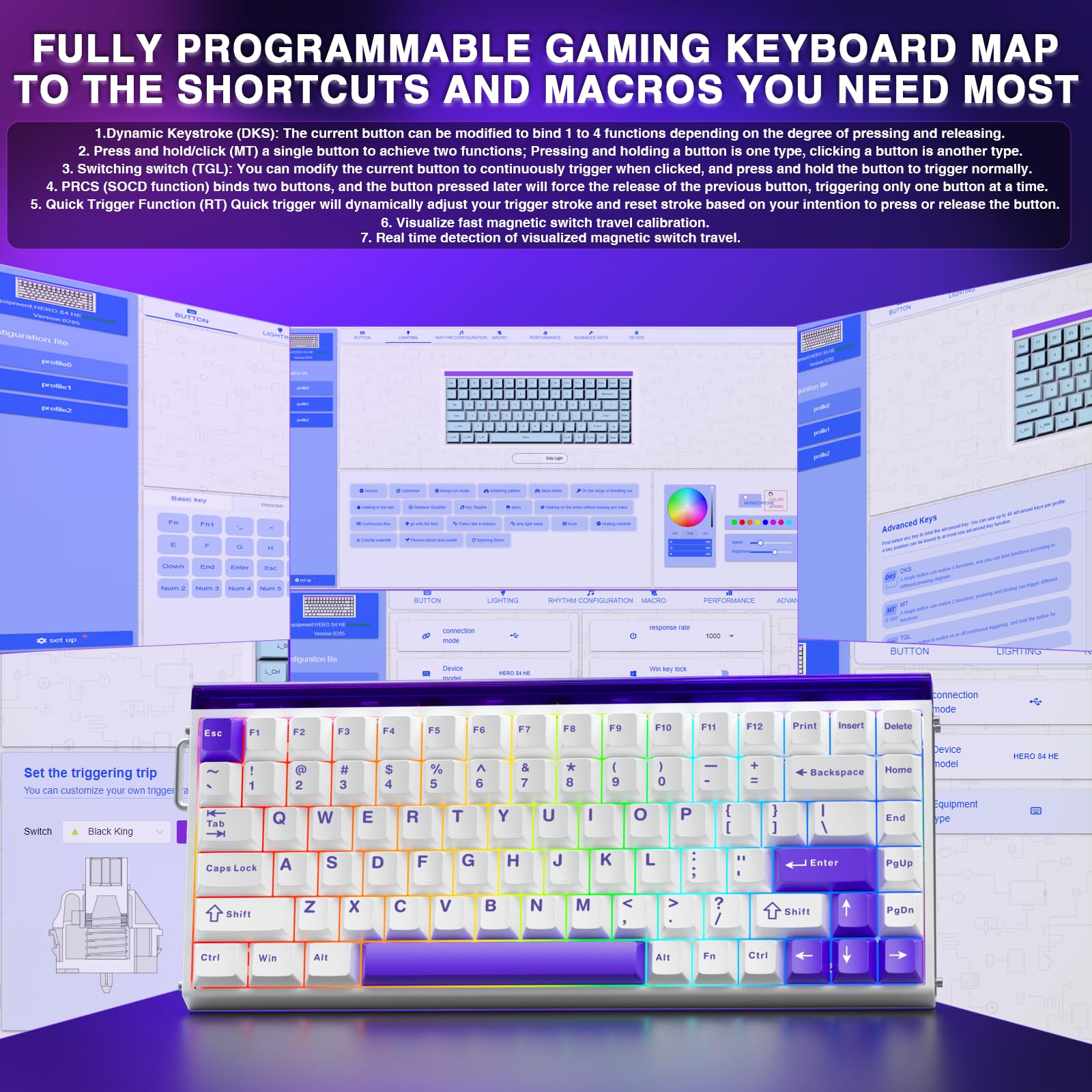 Aula Hero 84 HE - Tastiera meccanica da gioco cablata al 75%, interruttori magnetici hot swappable, modalità trigger rapido 8000 Hz, scatola luminosa al neon RGB, tastiere da gioco per PC/Mac