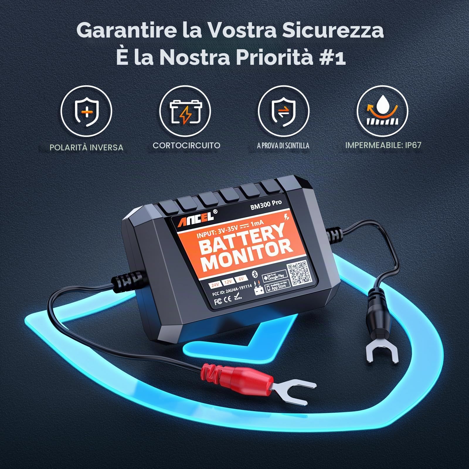 ANCEL Monitor batteria Bluetooth da 6 V, 12 V, 24 V