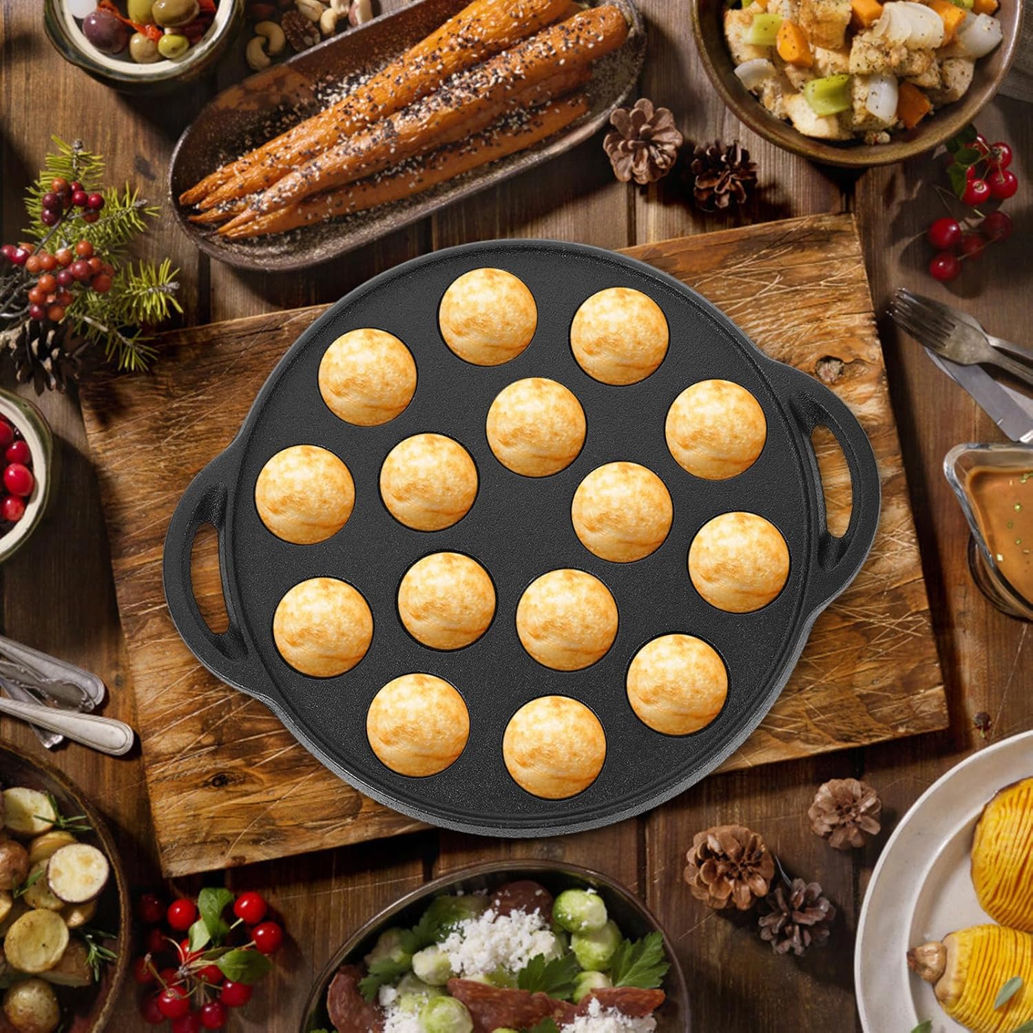 Cabilock Small 15-Hole Cast Iron Pancake Pan, Round Non-Stick Takoyaki Maker, Black Finish Plate Mold for Poffertje Corn Muffin Biscuit Snail