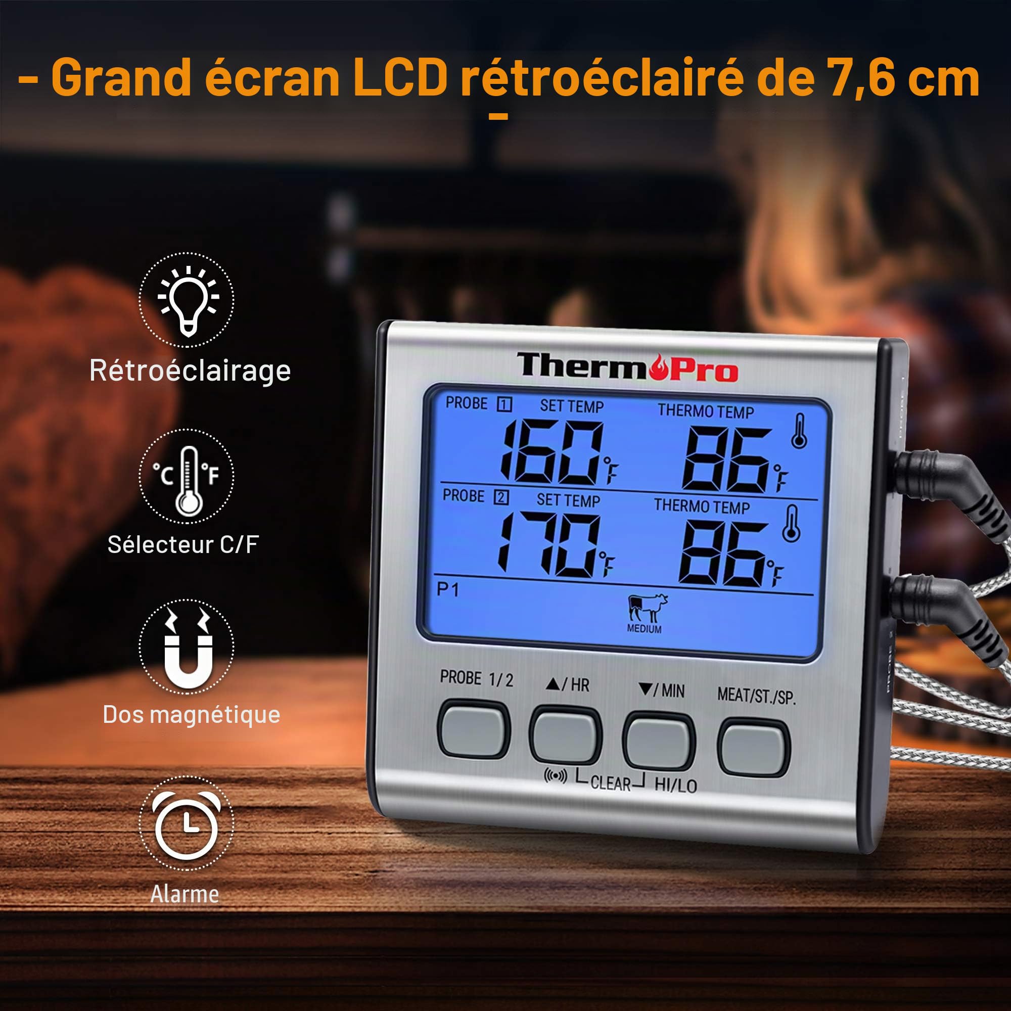 ThermoPro TP17 Thermomètre pour Viande Numérique Double Sonde Grand Écran LCD Rétroéclairé Cuisson Barbecue