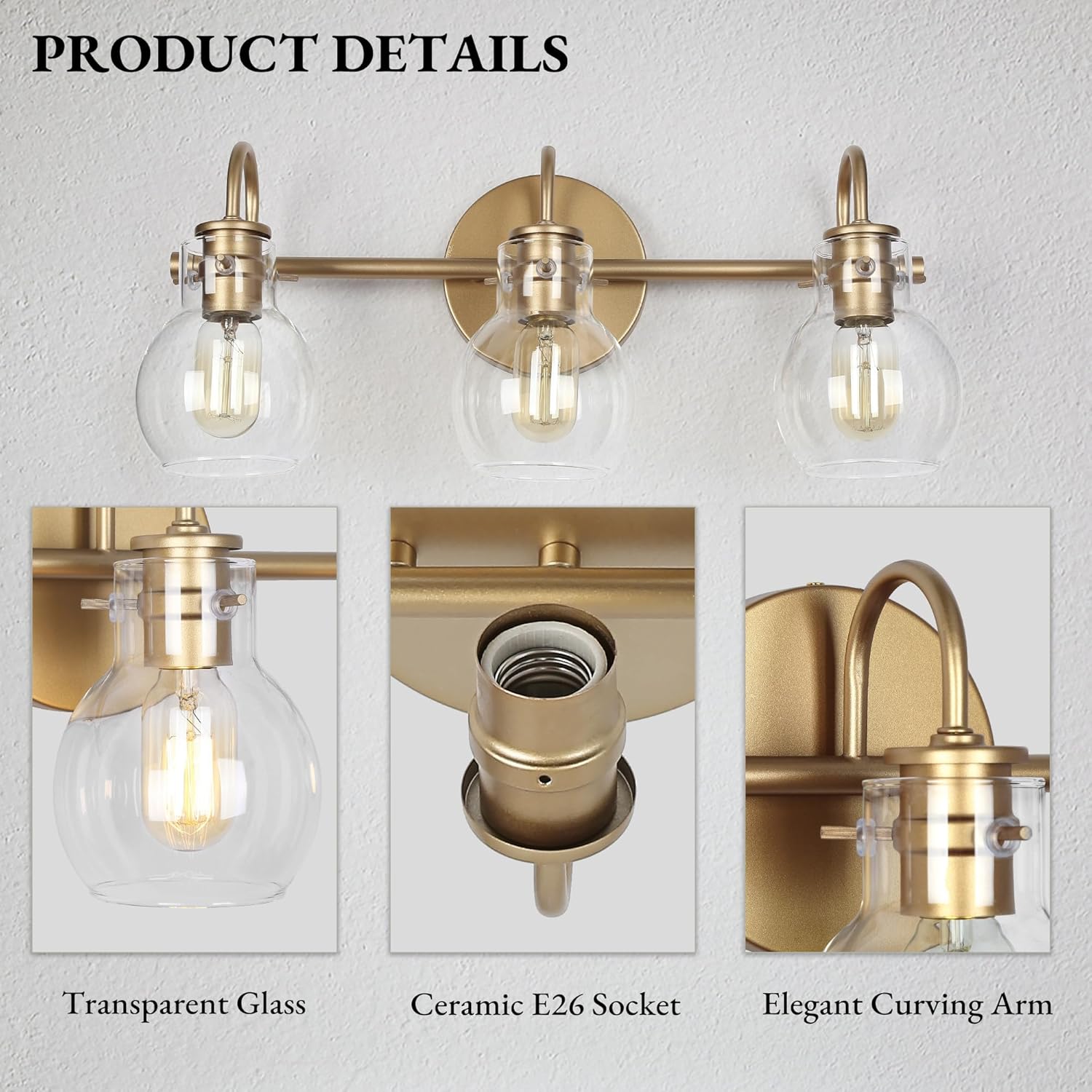 LALUZ Gold Bathroom Light Fixtures, 22'' Modern Vanity Lights with Clear Glass Globes, 3-Light Bathroom Lighting Over Mirror