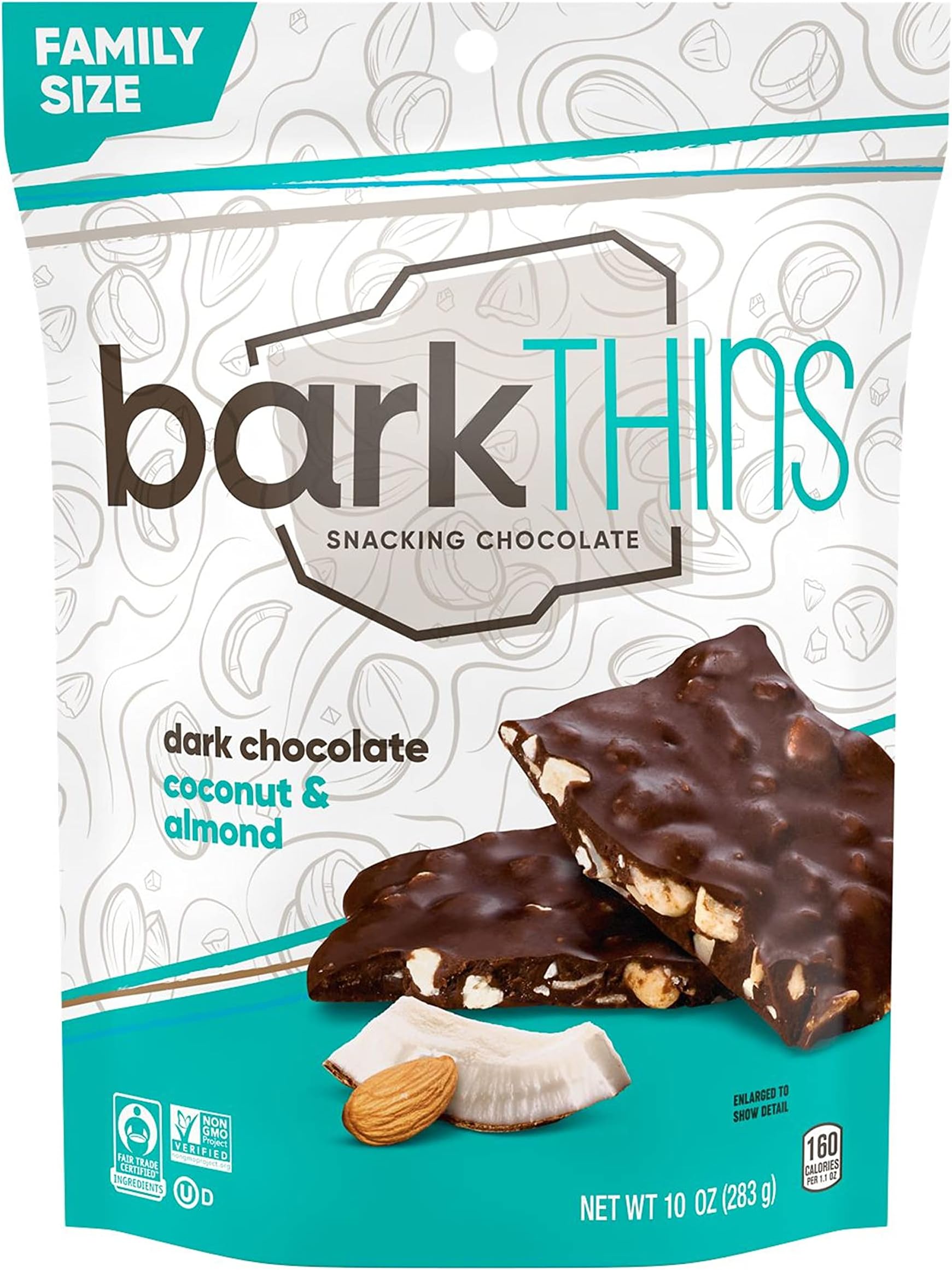 barkTHINS Dark Chocolate Coconut and Almond Snacking Chocolate, Holiday, 10 oz Family Size Bag