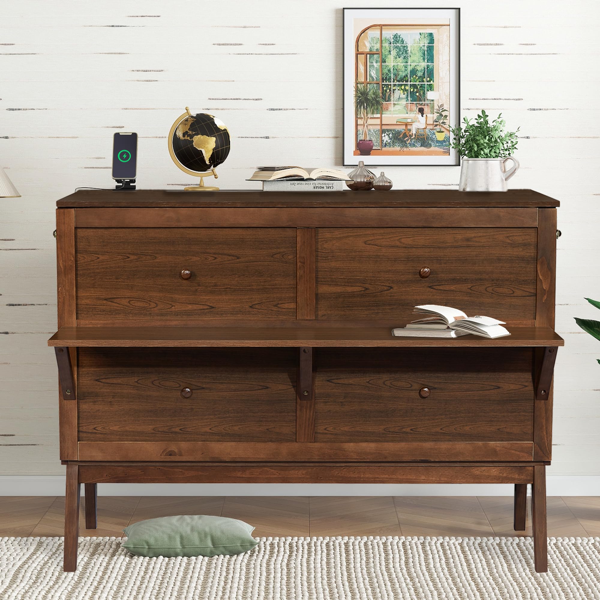 DNChuan Queen Size Murphy Cabinet Bed with Desk and USB-Port,Foldable Murphy Chest Dresser Bed with Removable Shelves on Each Side for Guest Room,